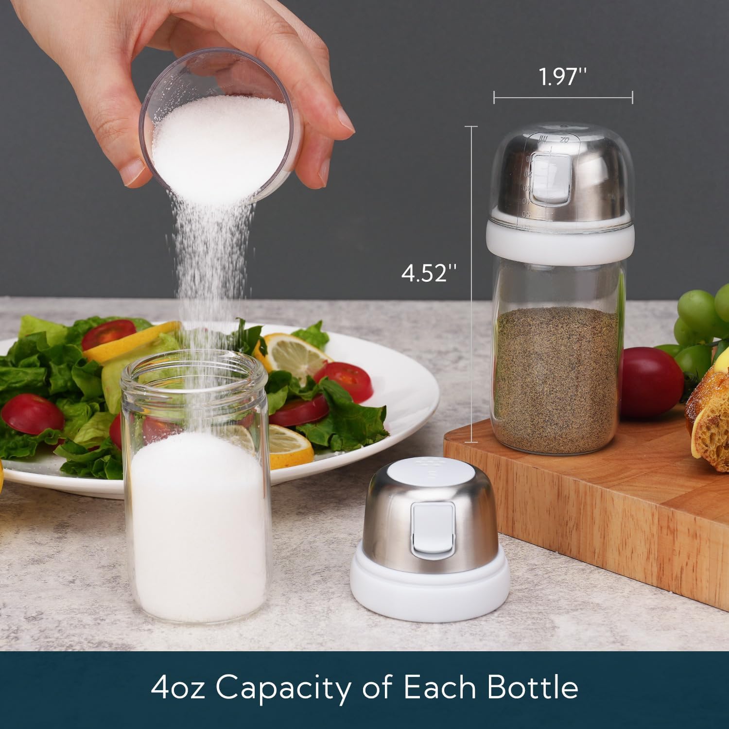 KTCHENDAO 2 in 1 Glass Salt and Pepper Shaker with Side Pour Spout, Built-in Lid for Moisture-proof, Elegant Borosilicate Glass Salt Pepper Dispenser set for Kitchen, BPA Free, 4oz (White)
