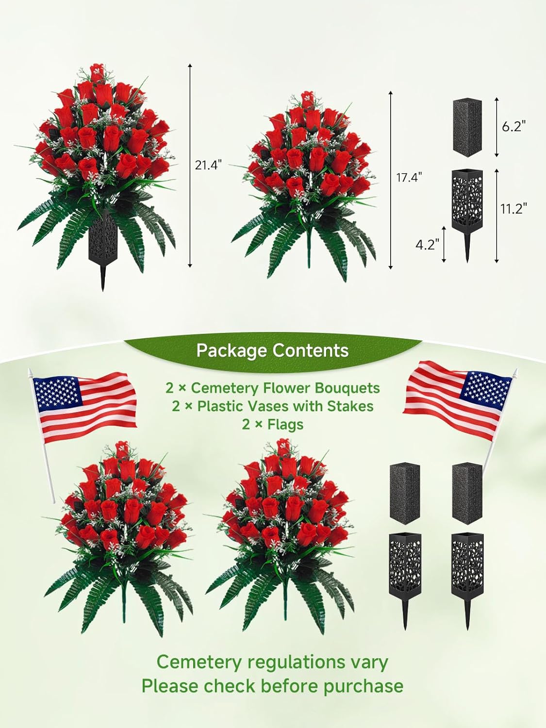 Set of 2 Cemetery Flowers for Grave with Spiked Vases, 24-Stem Red Artificial Rose Bouquets, Wind-Resistant & Non-Bleeding All-Weather Memorial Decorations for Headstones