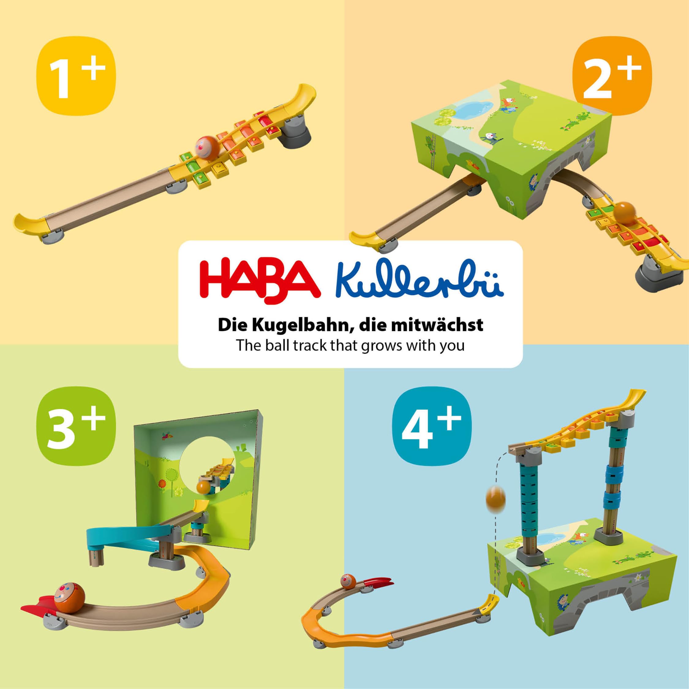 HABA Kullerbü Kugelbahn Klangtreppe Step by Step – Mitwachsendes Spielset ab 12 Monaten bis 4 Jahre – 47 Teile & Sound-Effekte – Kombinierbar mit Allen Kullerbü-Bahnen – 2013383001
