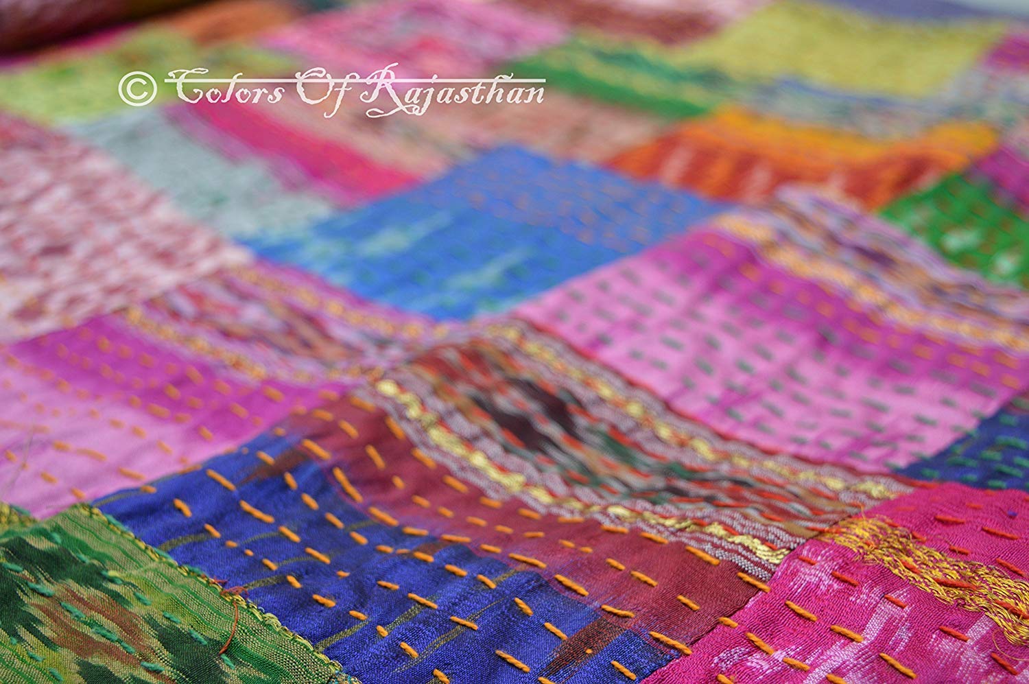 Couvre-lit Kantha en soie patola double plaid bohème artisanal indien