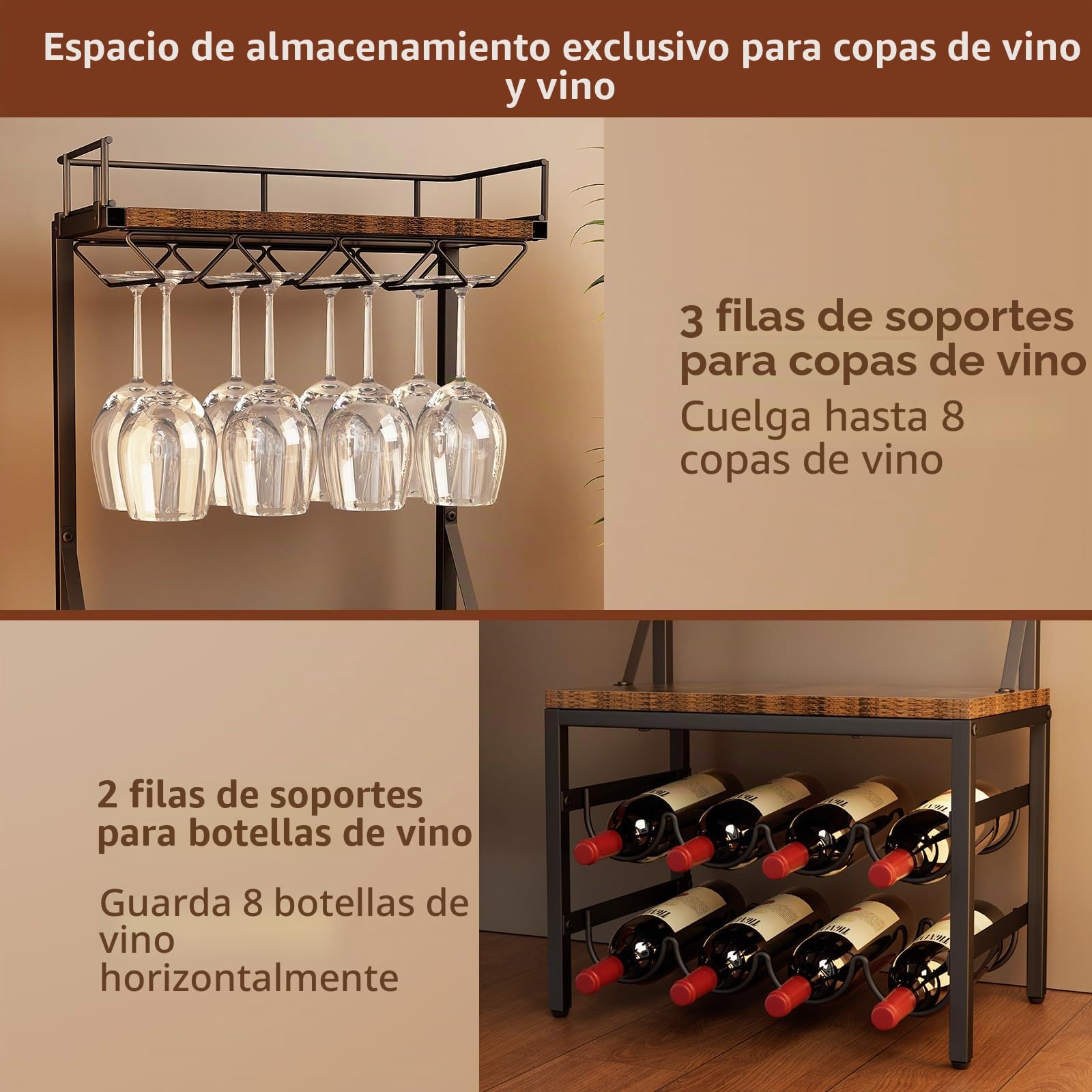 Nuovoware Armario para licores de 3 estantes, Soporte para 8 Botellas, Marrón+Negro
