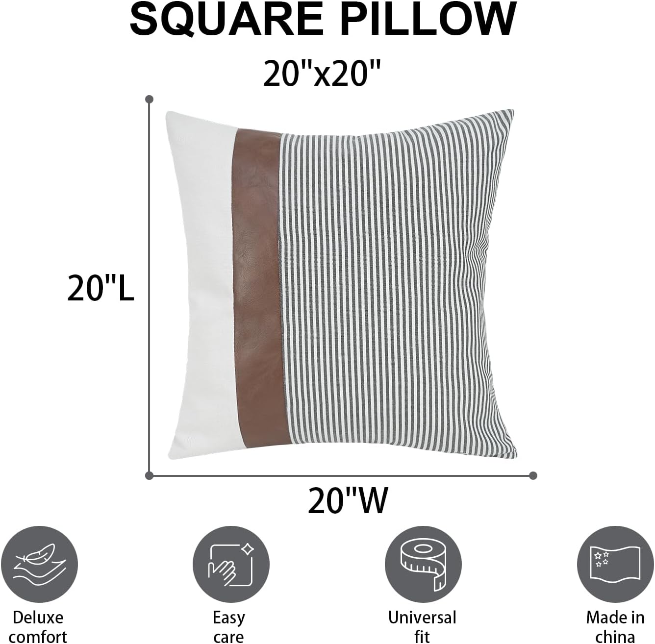 cygnus Modern Farmhouse Decorative Throw Pillow Covers 22X22 Set of 2 Black Striped Linen and Faux Leather Pillow Covers for Couch Sofa Bedroom Livingroom Neutral Accent Cozy Cushion Covers