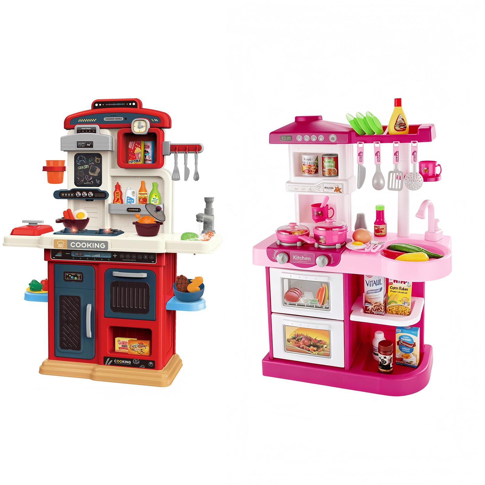 53 PCS Play Kitchen Pretend Food Set for Kids Ages 2-6 4-8, Pink Kitchen Toys with Light, Sound and Spraying, Sink Toy Accessories, Indoor Outdoor Playset for Toddlers