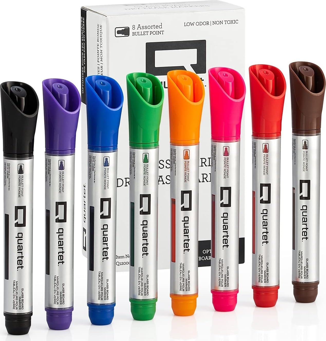 Glass Dry Erase Markers by Quartet, Bullet Tip, Assorted Colors 8 Pack, Great Erasable Glass Whiteboard Markers for Clear, White Window & Glass Board Markers for Teachers & Home School.
