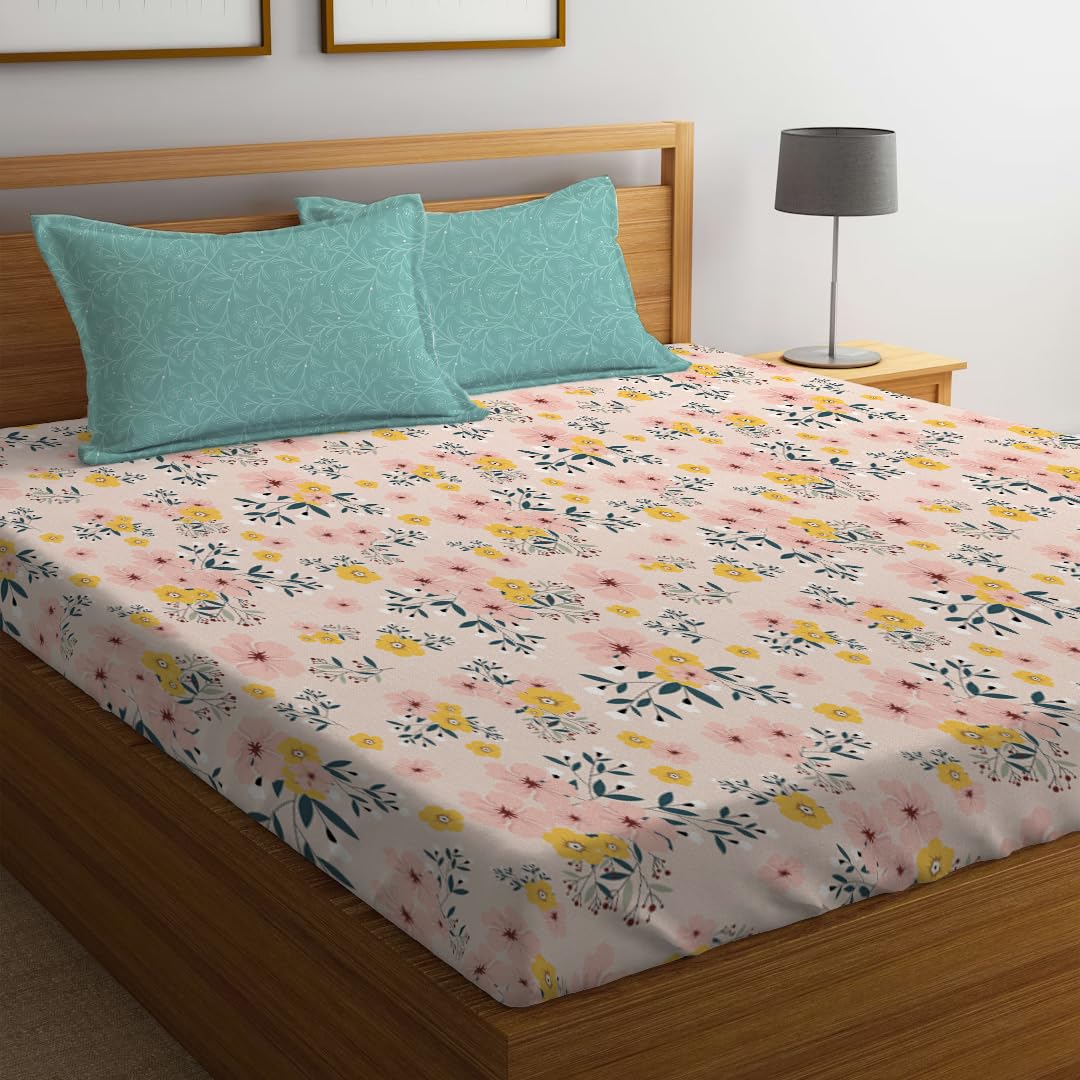 LOOMLYFE 300 TC Microfiber XXL Soft Cotton Super King Size Bedsheet for Double Bed, King Size 108 Inches X 108 Inches, 9 Feet, 275 X 275 cm with 2 Large Size Pillow Covers - PeachYellowFlowers