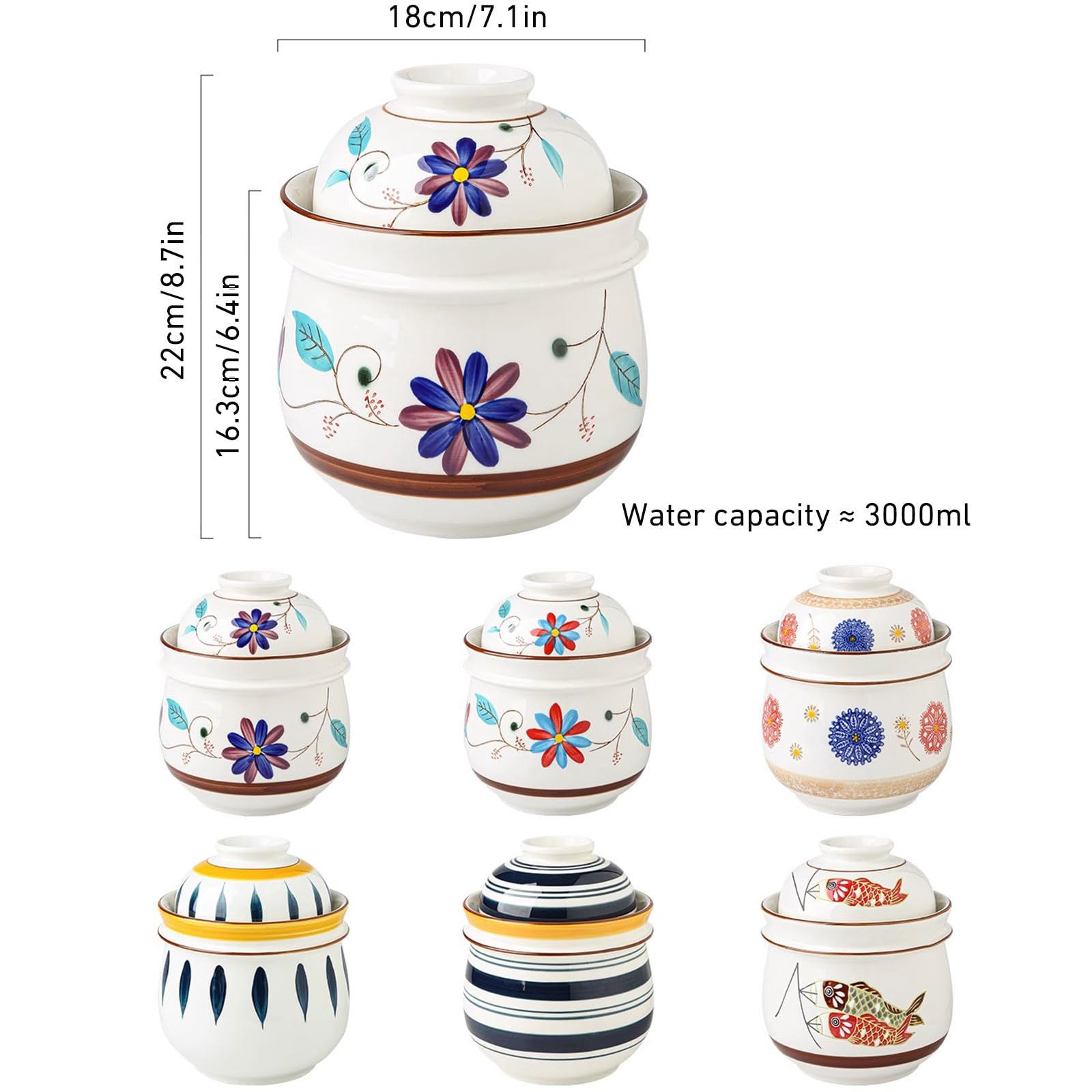 Malowany ręcznie tradycyjny chiński porcelanowy słoik na kiszone ogórki Słoik do fermentacji z pokrywką z uszczelką wodną Ceramiczny garnek do fermentacji Garnek do kiszenia,B,3000ml