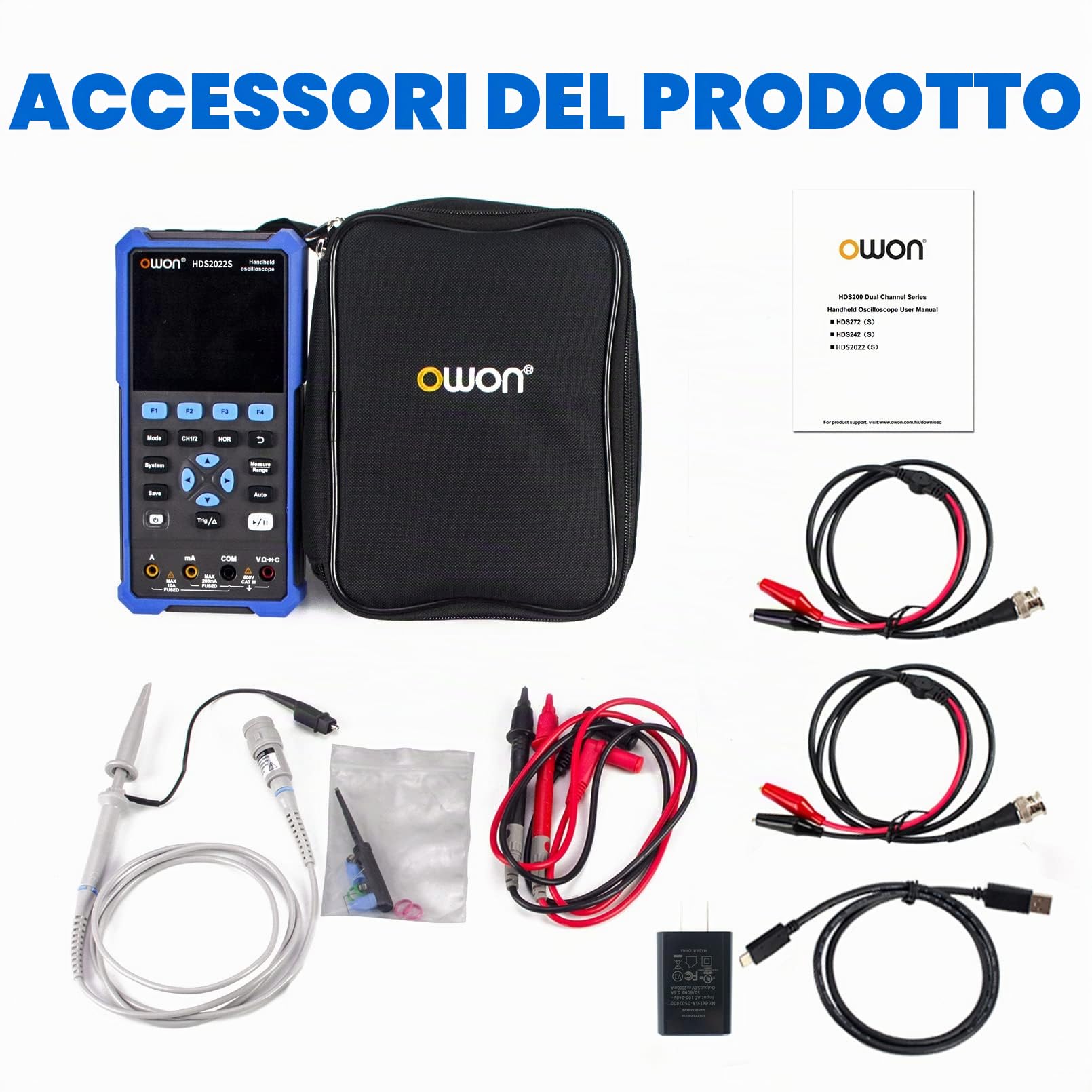 OWON HDS2202s Oscilloscopio 3 in 1 Oscilloscopio portatile professionale per PC, multimetro digitale da 20000, strumento di prova universale, batteria al litio di grande capacità (200 MHz+2CH +1CH)