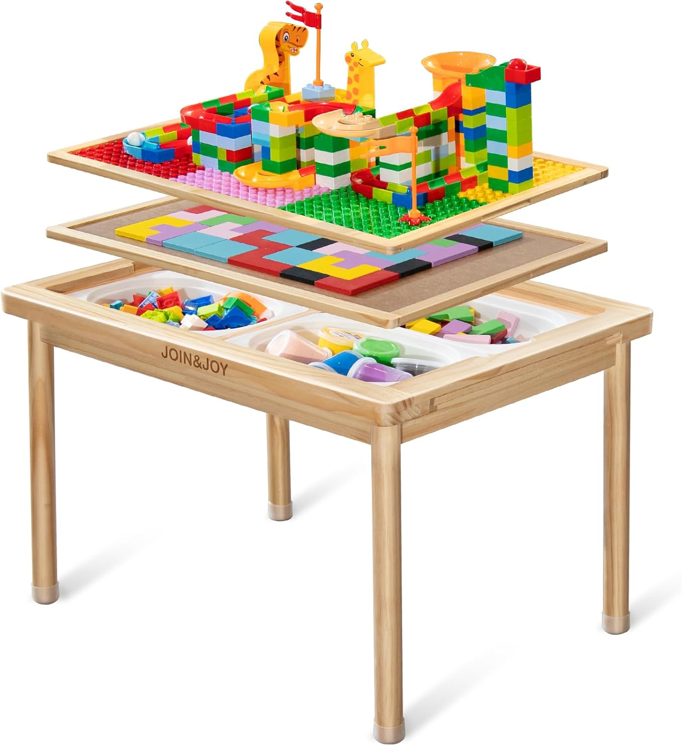 2-in-1 Building Blocks & Russian Puzzle Table with Interchangeable Panels,4 Foldable Storage Bins, Creative & Brain Puzzle Play Table for Kids 3-8, Stem Learning Activity
