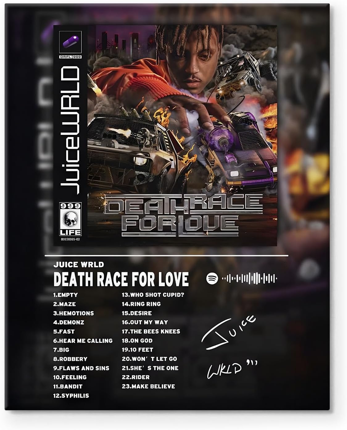 Juice Wrld Canvas Wall Art - Death Race for Love Music Album Cover Poster Print, Rapper Singer Poster Framed Art, Aesthetic Picture Print Art for Bedroom or Landscape Office Room Decor Gift 24x30inch