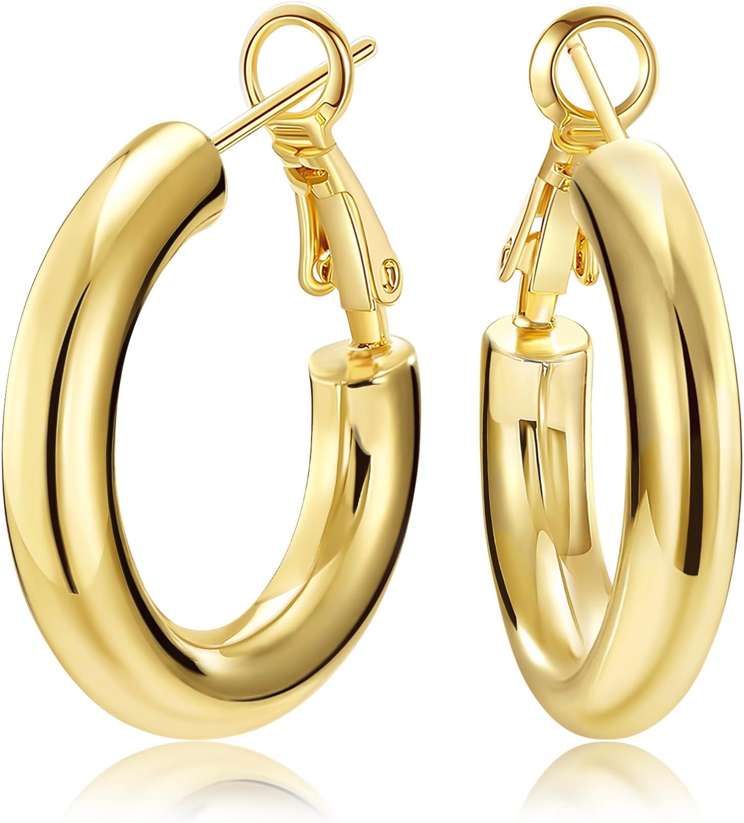 SHOWNII Chunky Gold Hoop Earrings, 14K Gold Plated Chunky Tube Hoop Earrings for Women Lightweight Thick Hoops