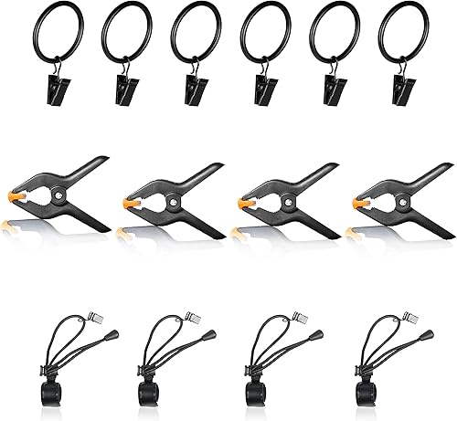 FUDESY Abrazaderas de clips para telón de fondo 14 paquetes, incluyen 4 abrazaderas de resorte resistentes, 6 clips de cortina para telón de fondo,