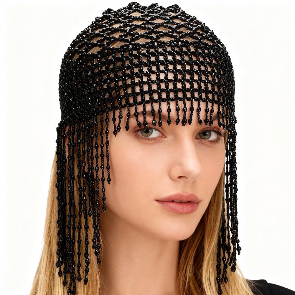 GORGECRAFT 1pc 1920s Beaded Cap Roaring 20s Flapper & Cleopatra Headpiece Tassel Rhinestone Cap Crystal Wedding Bride Head Chain Great Gatsby Hair Chain Hat for Belly Dance Bridal Cosplay Halloween