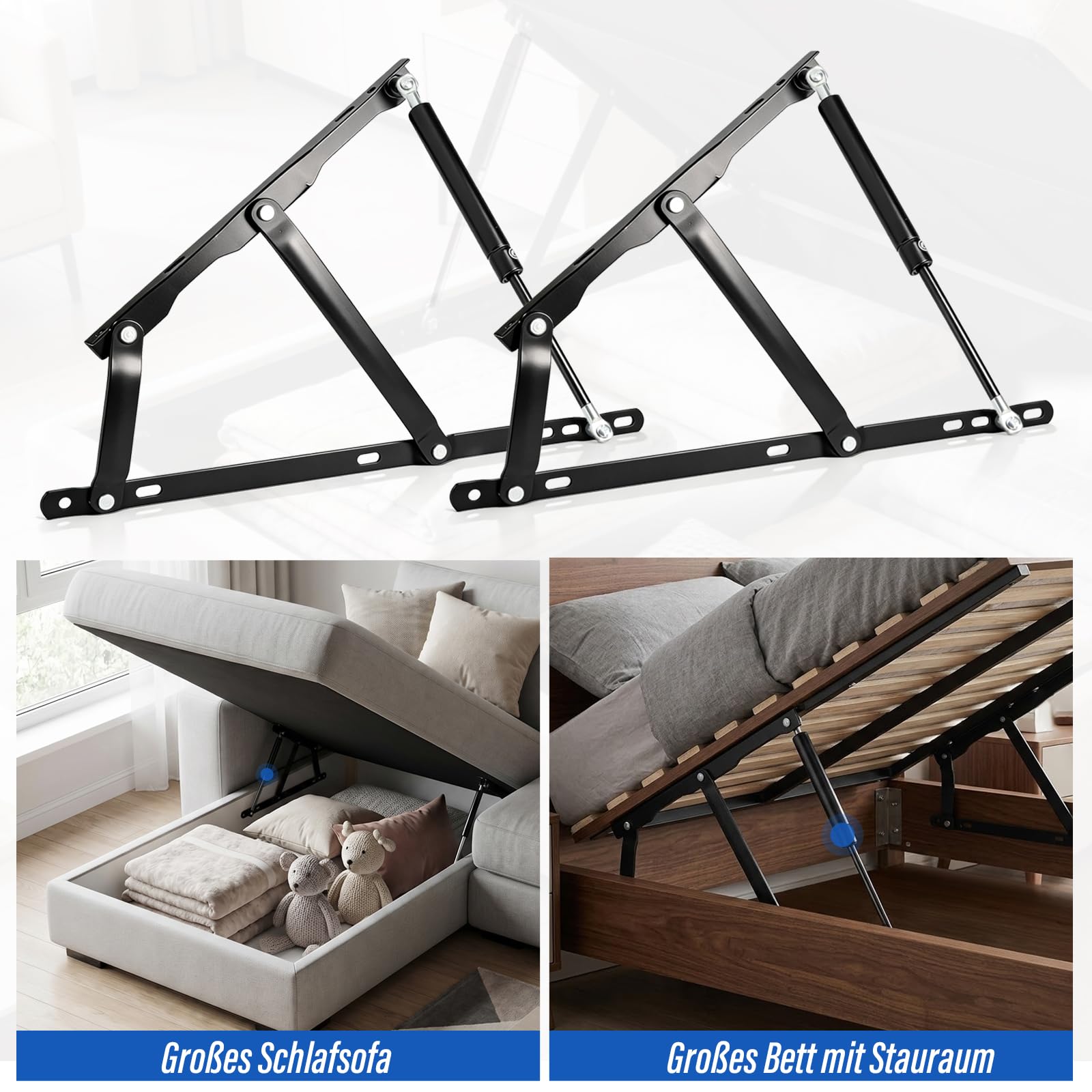 Pneumatische Bett Hebemechanismus 2 Stück Gasdruckfeder für schwere Bettkästen 60 kg Ladekapazität Scharniere Klapp Lift Up Feder Scharniere für Bett Aufbewahrungsbett Box Zubehör Sofa（60KG）