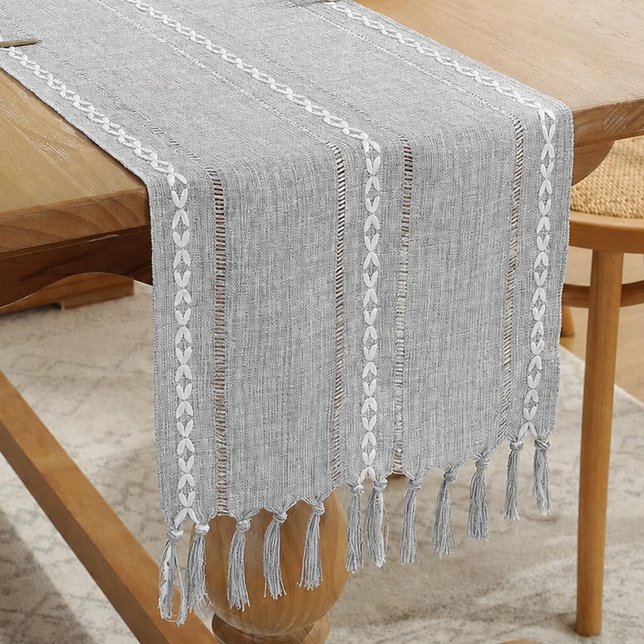 LAIDANLA Grey Tassel Table Runner 33 x 183cm Farmhouse Table Decoration