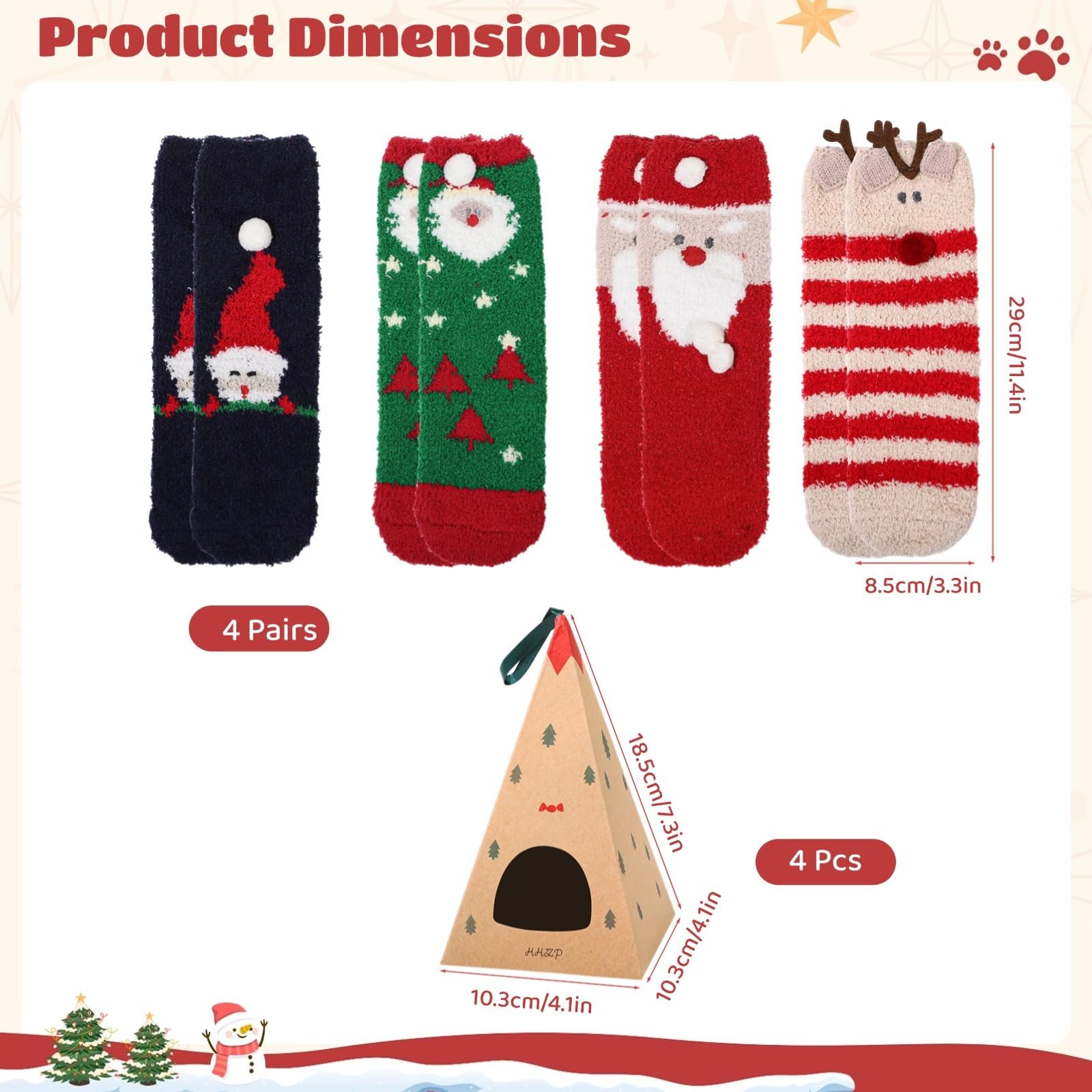 4 Paar Weihnachtssocken, kuschelige Korallfleece-Socken für Damen, weiche winterliche Flauschsocken mit Geschenkboxen, Haussocken, Bettsocken, Santa- und Rentier-Motiv, Geschenk für Festtage