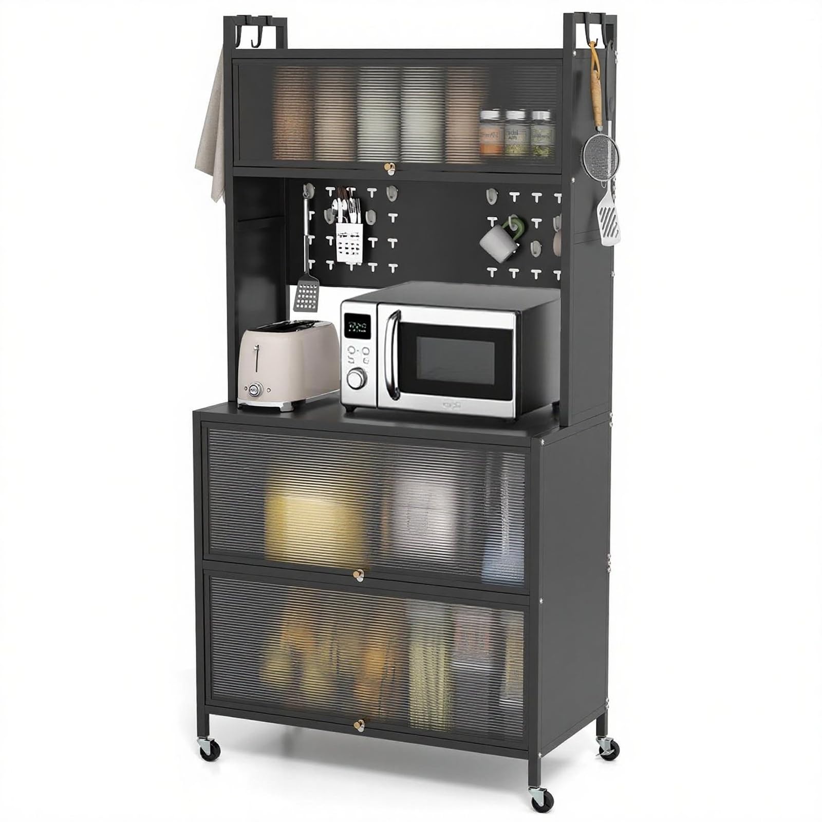 POWERSTONE 5-Tier Kitchen Bakers Rack with Wheels & Flip Doors Microwave Stand Storage Cabinet 63" Rolling Coffee Bar Station with Pegboard & Hooks Black