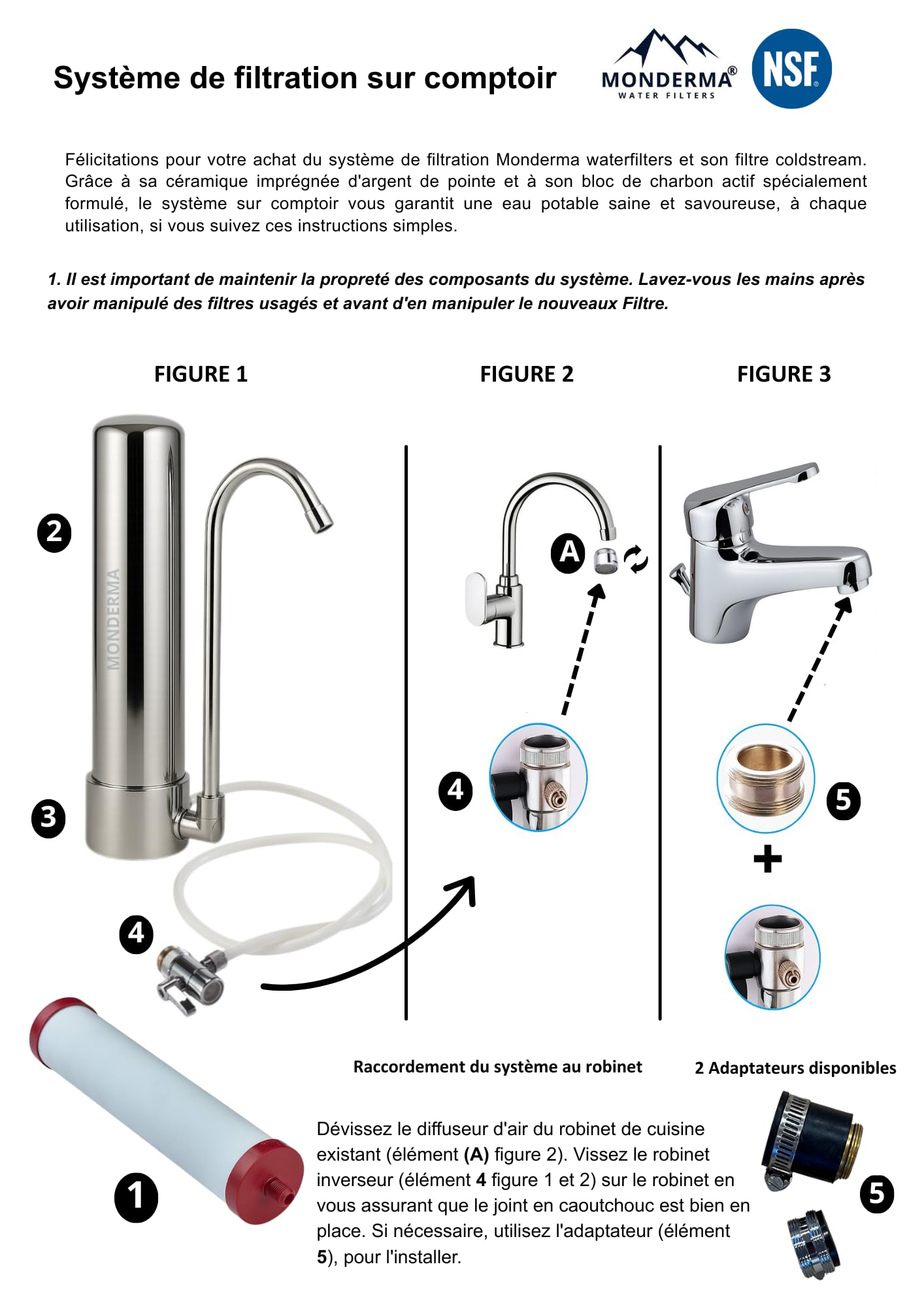 Filtre à Eau sur Comptoir, 1 cartouche filtrante CTO MAX coldstream, Inox 304, 33 cm x 7,5 cm, Capacité 3000L, Installation Robinet, Filtration sans Électricité