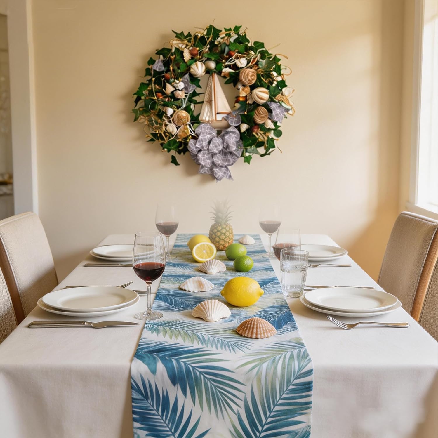 22 Inch Spring Summer Coastal Seashell Wreath for Front Door, All Seasons Seashell Wreath with Greenery and Wood Ship Wheel for Indoor Outdoor Decor