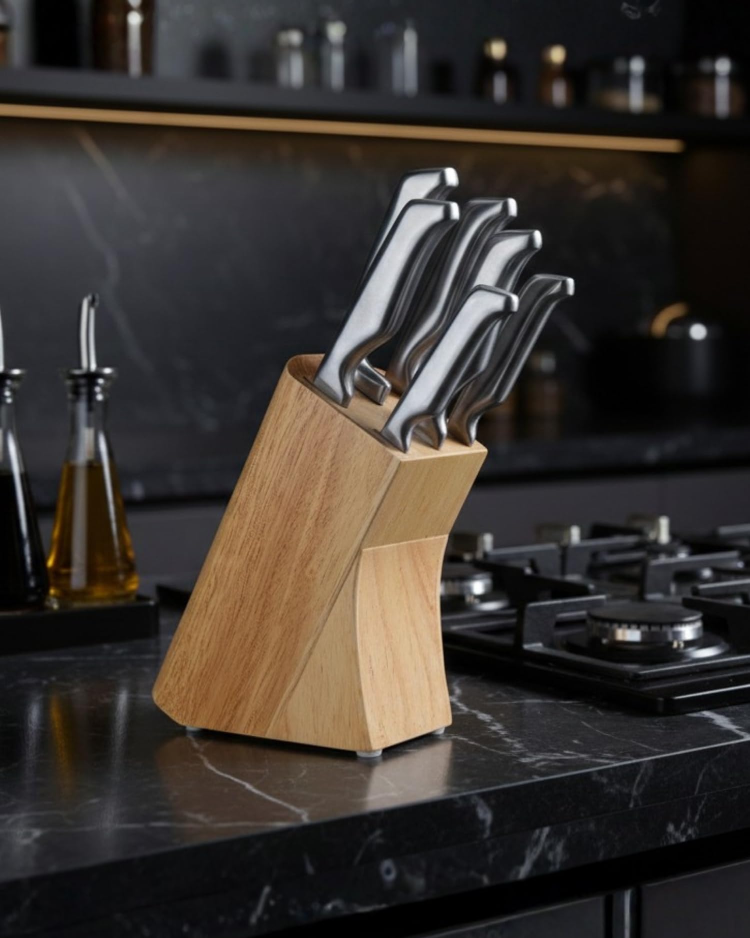 GGS Set Coltelli Cucina con Ceppo Portacoltelli 7 Pezzi – Acciaio Inox Monoblocco Senza Giunzioni, Temprati a Ghiaccio, Lavabili in Lavastoviglie, Impugnatura Ergonomica in Acciaio, Coltelli multiuso