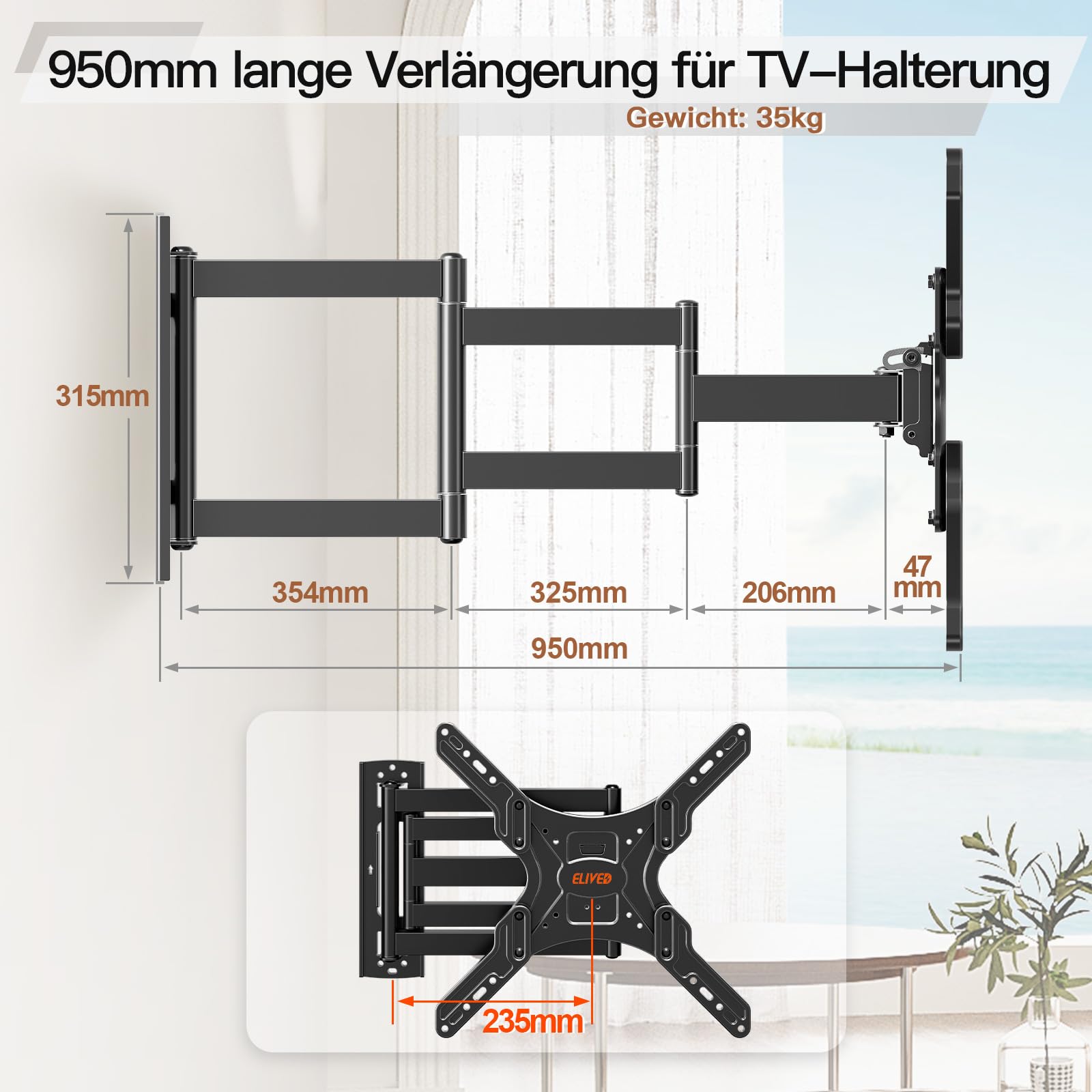 ELIVED Lang Arm TV Wandhalterung für die meisten 26-65 Zoll Fernseher, Eck TV Halterung Ausziehbar 950mm, Max. VESA 400x400mm, Hält bis zu 35KG, EV3018