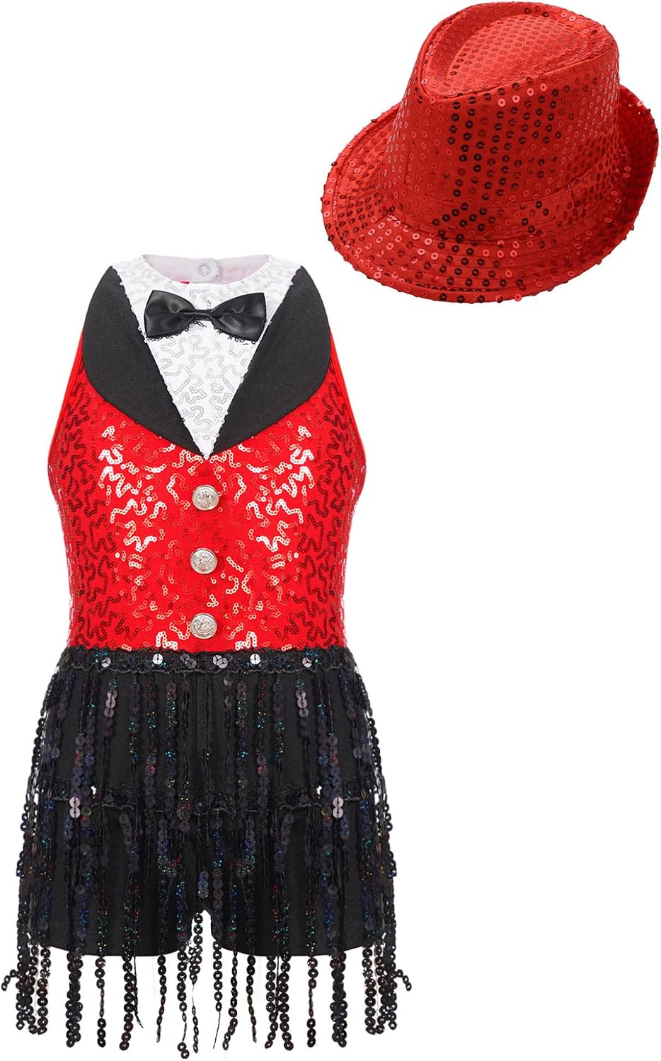 Kids Girls Dance Set Sequins Sleeveless Lapel Tassel Jumpsuit Dress with Hat for Jazz Latin Dance Performance