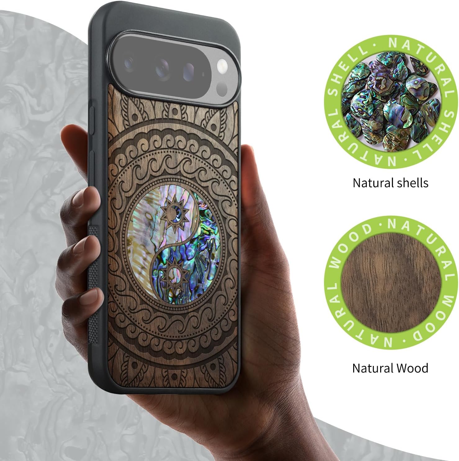 Carveit Magnetic Wooden Case for Google Pixel 10 Pro XL Case, Wood Artisan Engraved & Handmade Shell Inlaid, Compatible with MagSafe Wireless Chargers, Yin Yang Paisley - Walnut