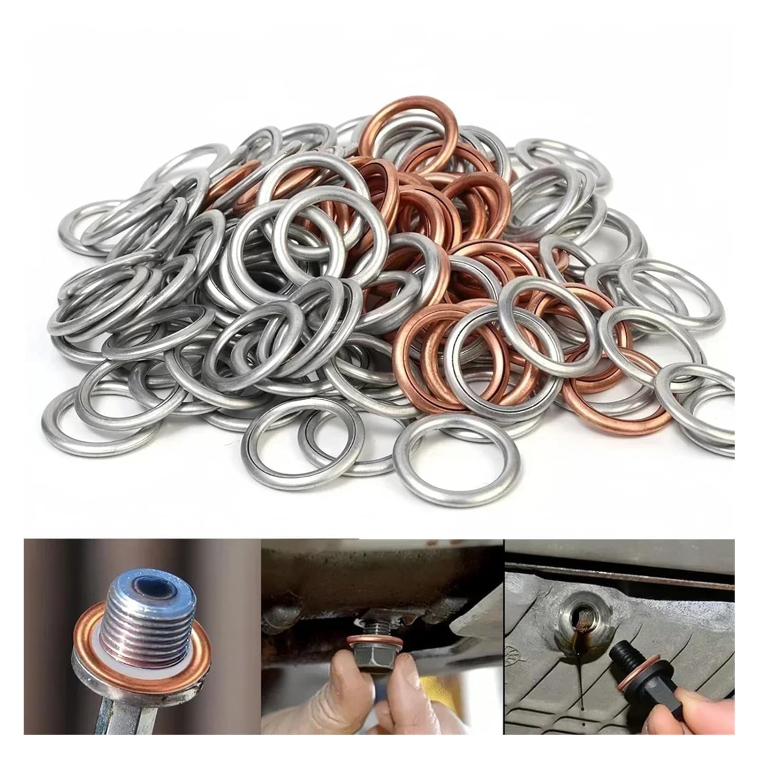 50-10PCS Car Engine Oil Drain Plug Sealing Gaskets Car Transmission Oil Drain Plug Aluminum/Copper Gasket(Copper Gaskets,50pcs)