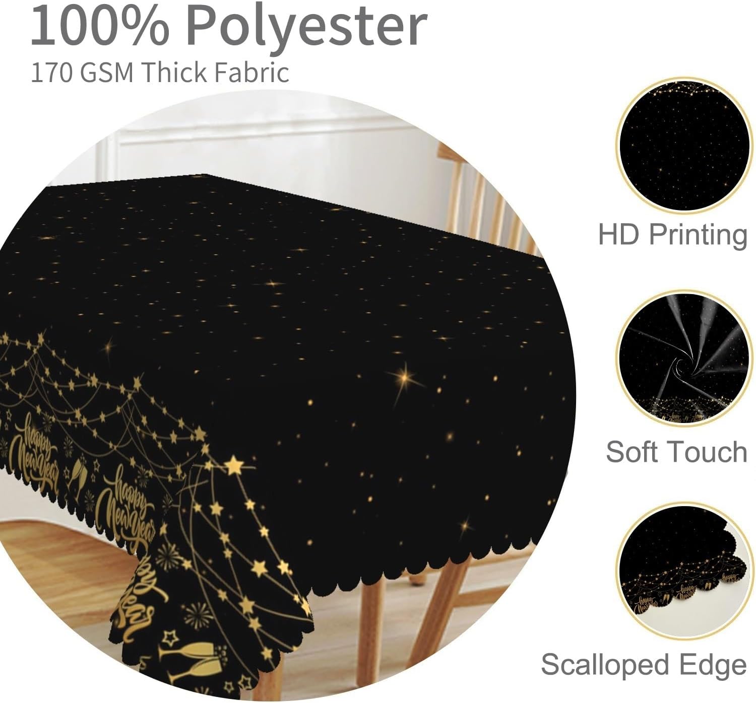 54x108in Happy New Year Tablecloth Black Gold Stars Fireworks Champagne Washable Reusable Fabric Table Cover for New Year Eve Party Decorations