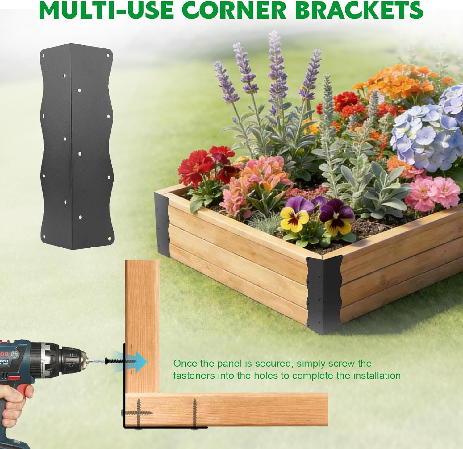 HLOGREE 8 Pcs Raised Garden Bed Corner Brackets Heavy Duty Metal Raised Bed Corners and Connectors for Wood(11"x3"x3"), Brown L-Shape Wavy Connectors with Screws, fits for 20"-24" Raised Beds (Black)