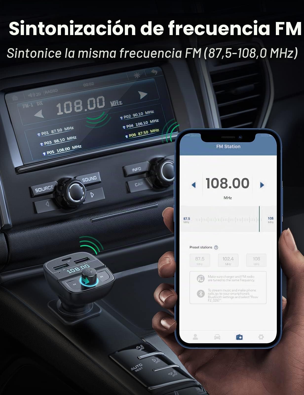 UGREEN Transmisor FM Bluetooth 5.0 Adaptador Bluetooth FM Cargador de Coche PD 20W y Quick Charge 3.0, Adaptador de Radio Inalámbrico Reproductor MP3 con LED LUZ Soporta Tarjeta TF y USB Disk