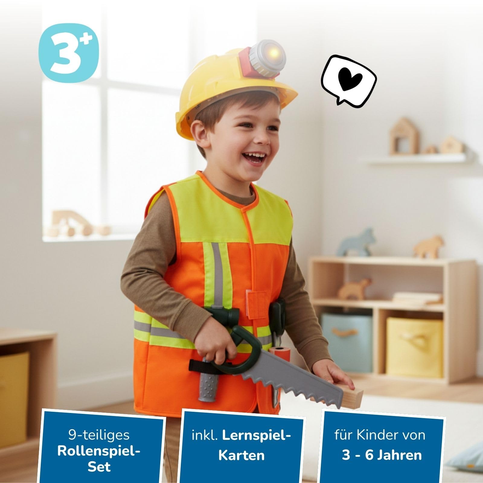 alldoro Rollenspielsets Feuerwehr/Polizei/Bauleiter, Kostüm mit Weste, Kopfbedeckung & Zubehör, inkl. Spielkarten, für Kinder ab 3 Jahren