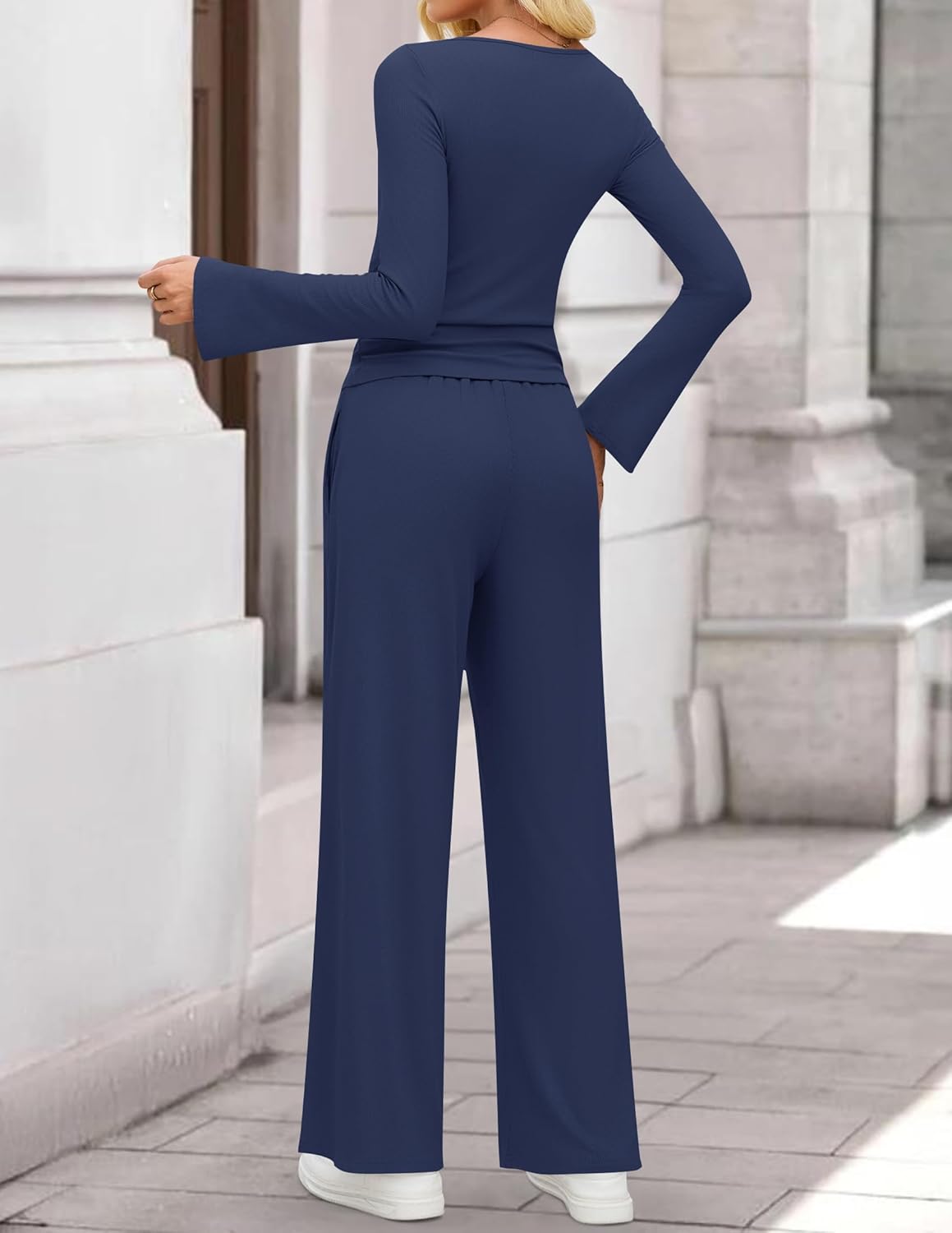 ZESICA Women's 2 Piece Lounge Sets Fall 2026 Casual Long Sleeve Boat Neck Ribbed Tops Wide Leg Pants Outfits with Pocket - Image 5