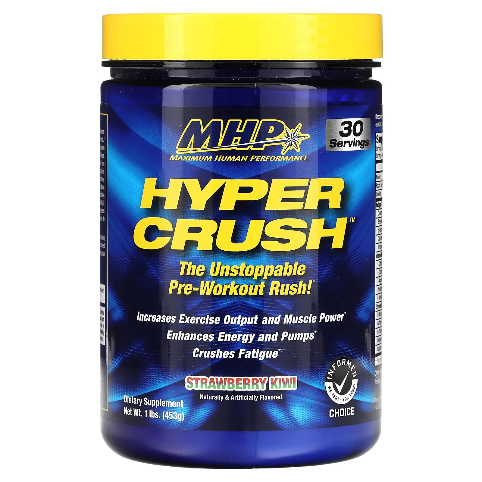 Hyper Crush Pre Workout Powder, Increases Energy, Muscle Pumps, Power, Fights Fatigue, creatine, beta Alanine, Nitric Oxide, citrulline, AKG, Strawberry Kiwi, 30 Servings