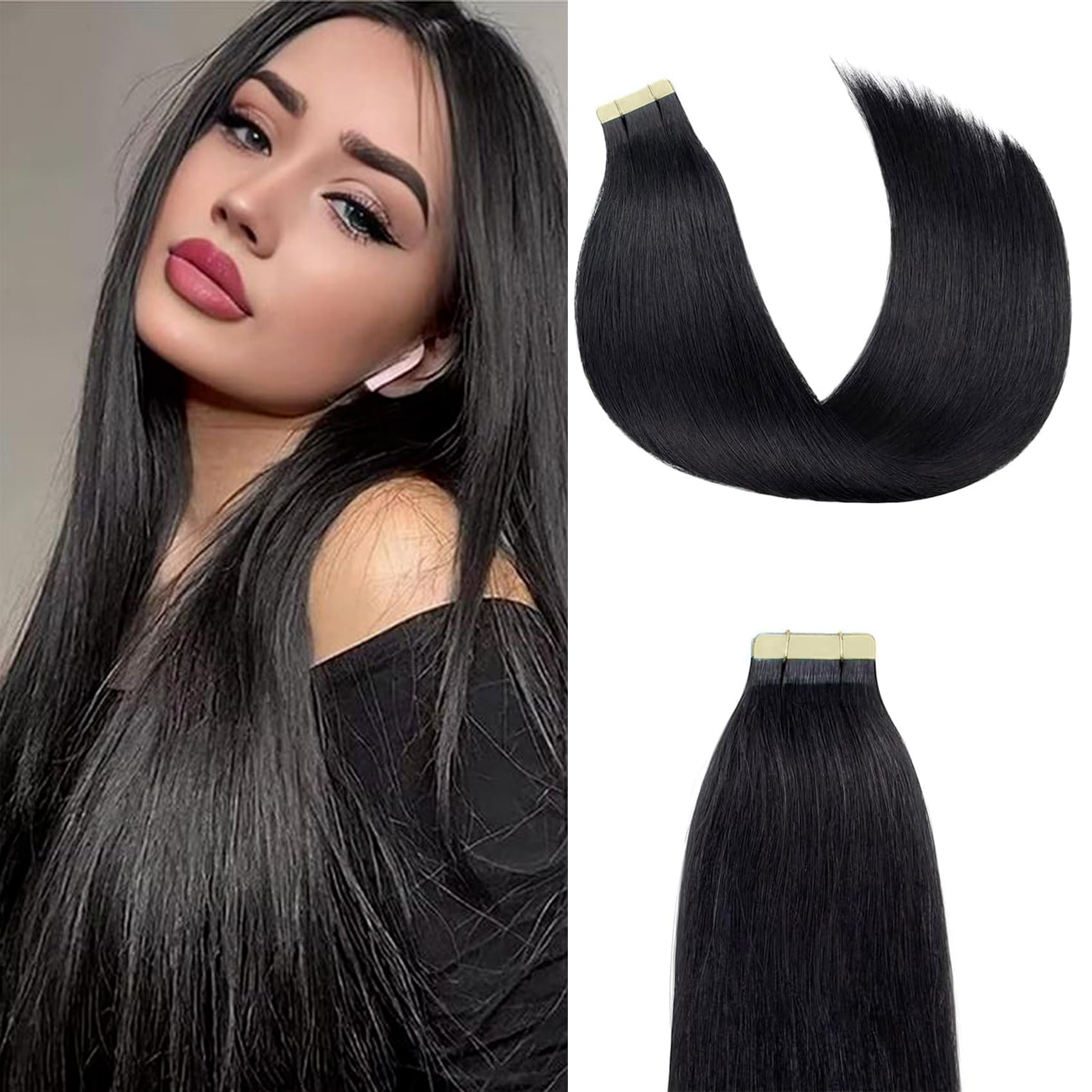 Tape in Hair Extensions Human Hair 24Inch Natural Black Color 20Pcs 50G/Pack Straight Seamless Weft Skin Invisible Thick 100% Real Black Human Hair