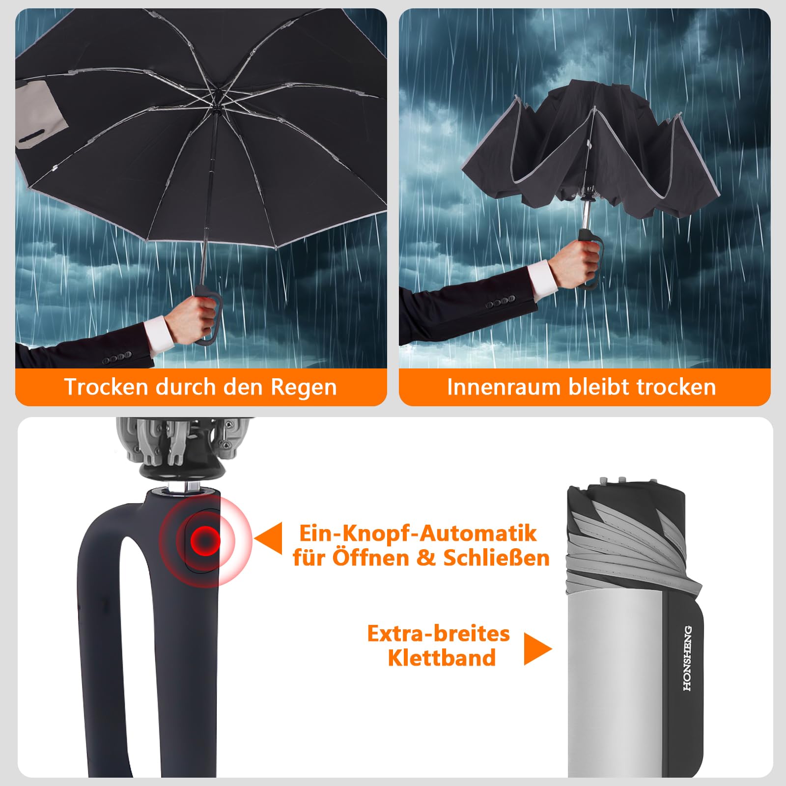 Honsheng Petit parapluie de poche résistant aux tempêtes, ouverture et fermeture automatique, parapluie réfléchissant, pliage rapide avec bande de qualité supérieure, pliable inversé compact pour