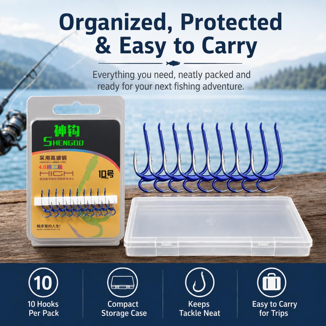Classic Sharp Double Fishing Hooks, Kit Ami da Pesca, Ami in Acciaio al Carbonio, Ami Barbed a Doppia Punta ad Alta Resistenza con Attrezzatura da Pesca per Acqua Dolce e Salata
