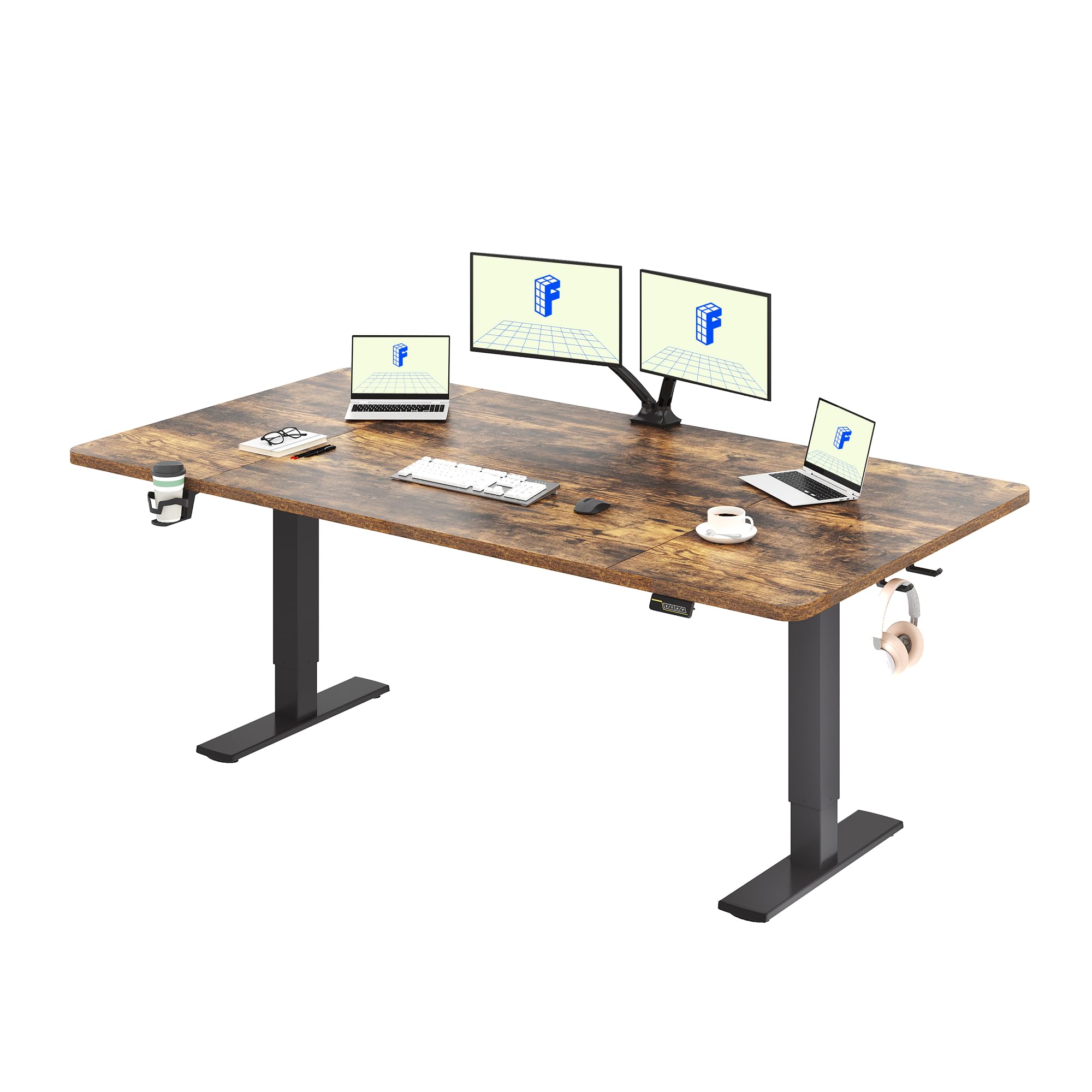 180 * 80cm Electric Standing Desk Adjustable Standing Desk Sit Stand Up Desk Computer Desk with Hook Memory Function for Office and Home (Rustic brown+Black)