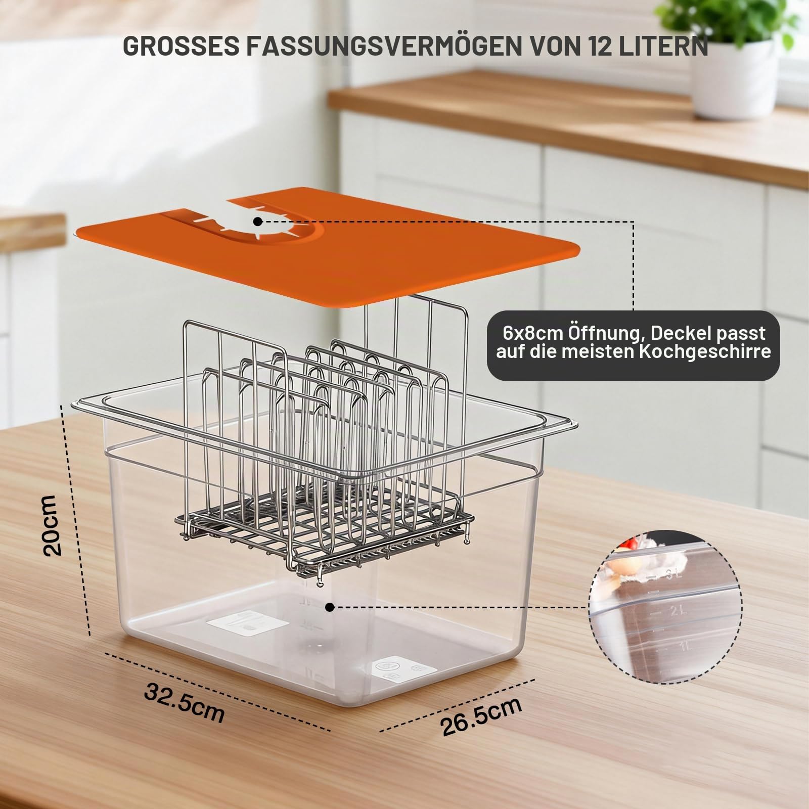 Sous Vide Behälter 12L, Sous Vide Container mit Silikonhülle & Rack | Multifunktionaler Transparenter Behälter für Fisch Fleisch/Gemüse, für Meisten Sous Vide Garer