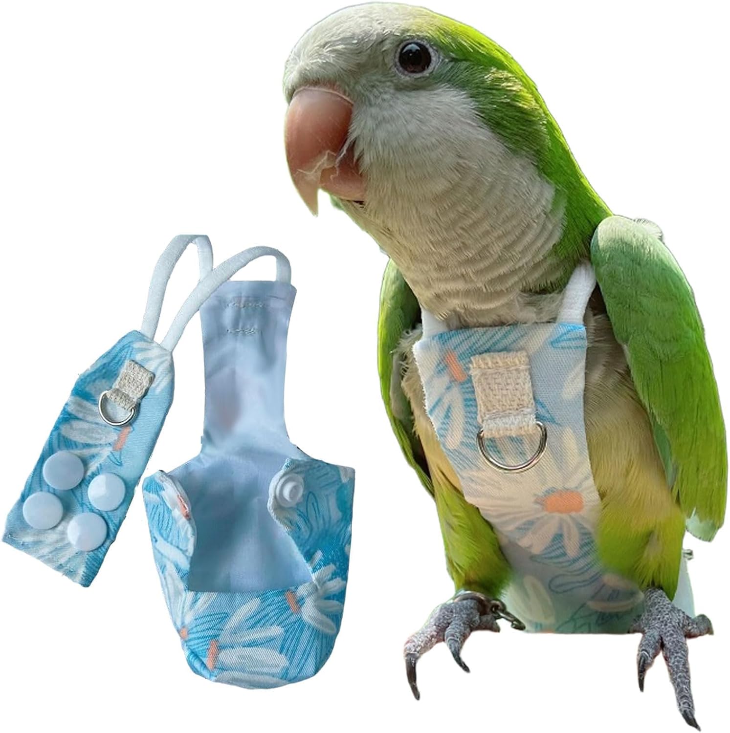 Snap-Closure Parrot Diapers with Adjustable Leash - Washable Bird Flight ， Chew-Resistant (Blue, L (Rainbow Suction/Golden Sun)+1 Meter Rope, Count, 1)