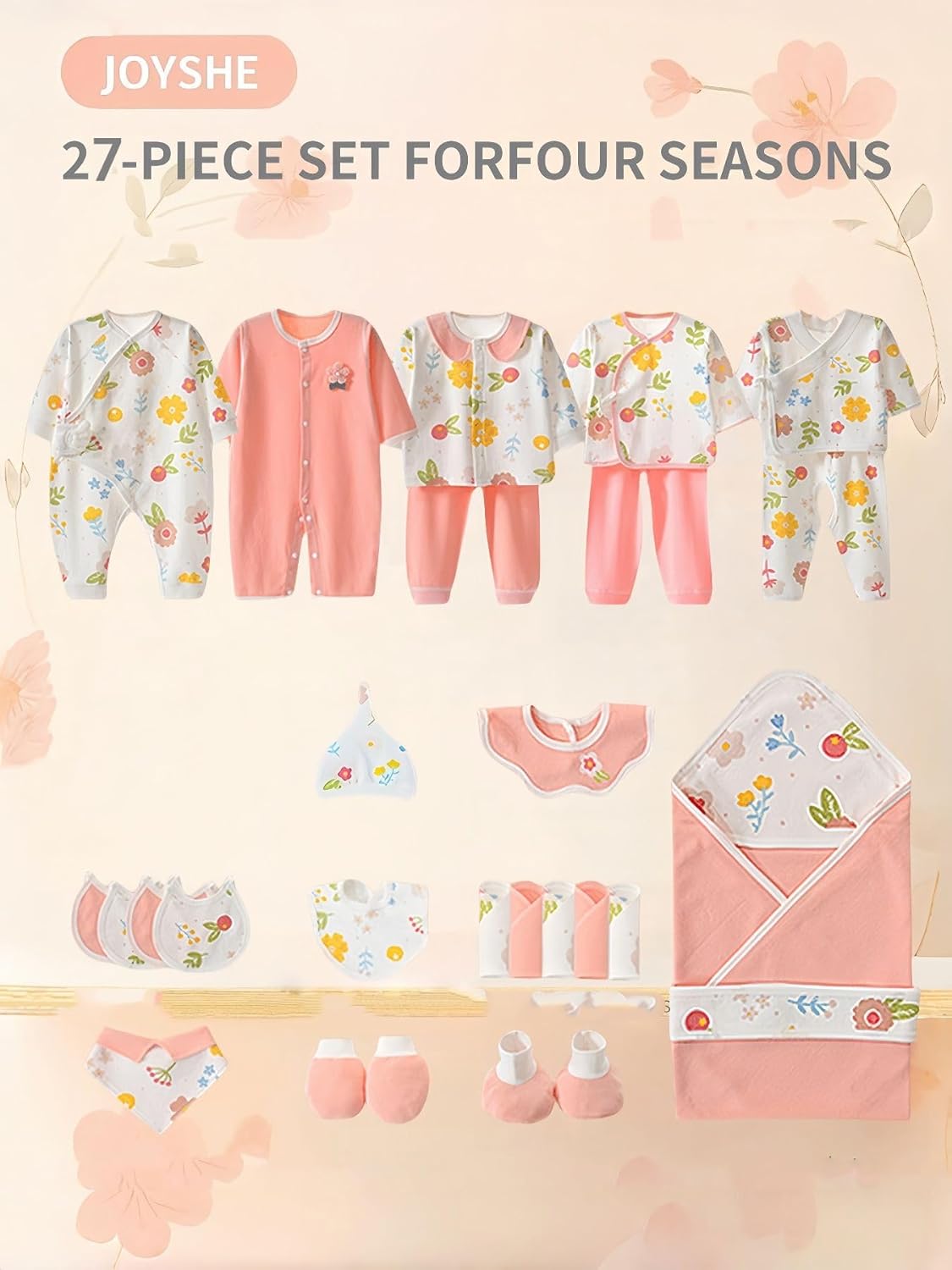 Newborn Baby Girl Clothes Essentials Set (27Pcs) - Soft Cotton Infant Layette Bundle with Bodysuits, Hats, Mittens