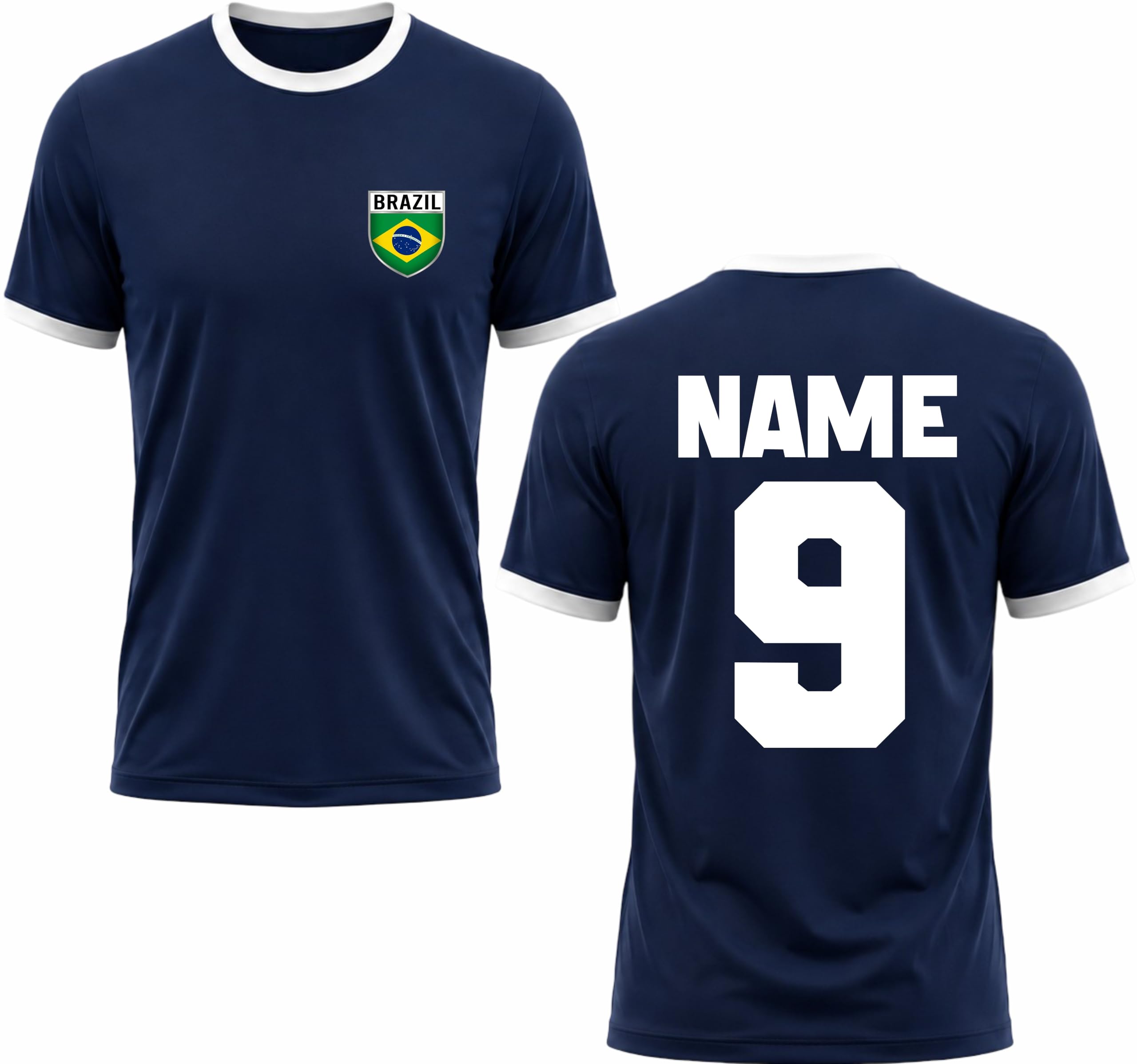 Personalised Brazil Football Ringer T-Shirt Brazil National Pride Tee Custom Name and Number Gift to Navy/White โ image 1