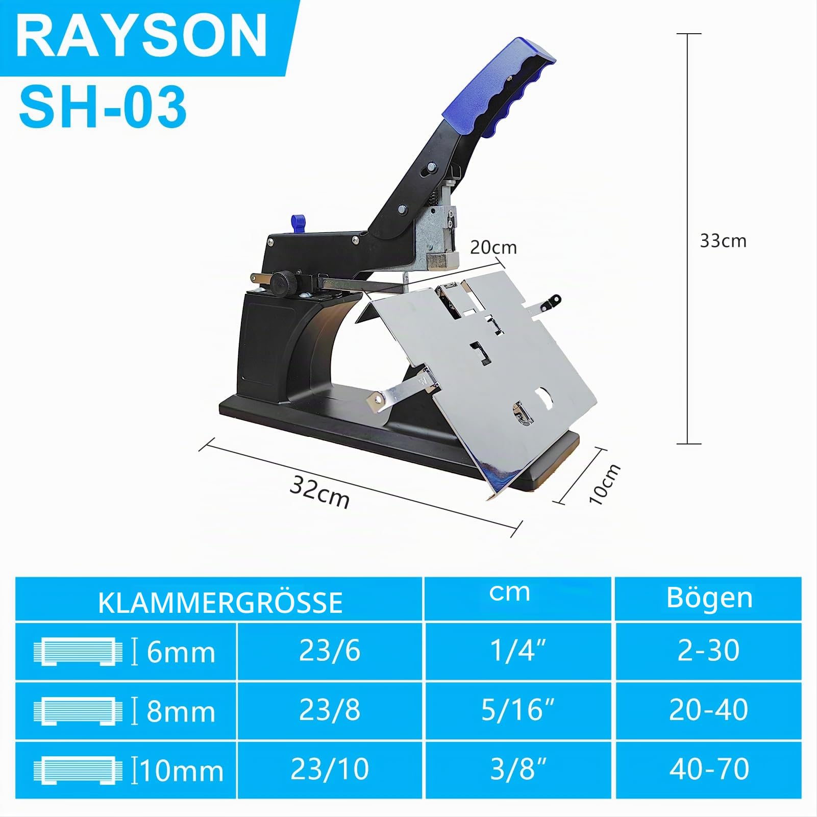 RAYSON Langarm-Sattelhefter, 60 Blatt, Sattel- und Flachheftung, SH-03 | Robuster Heftgerät