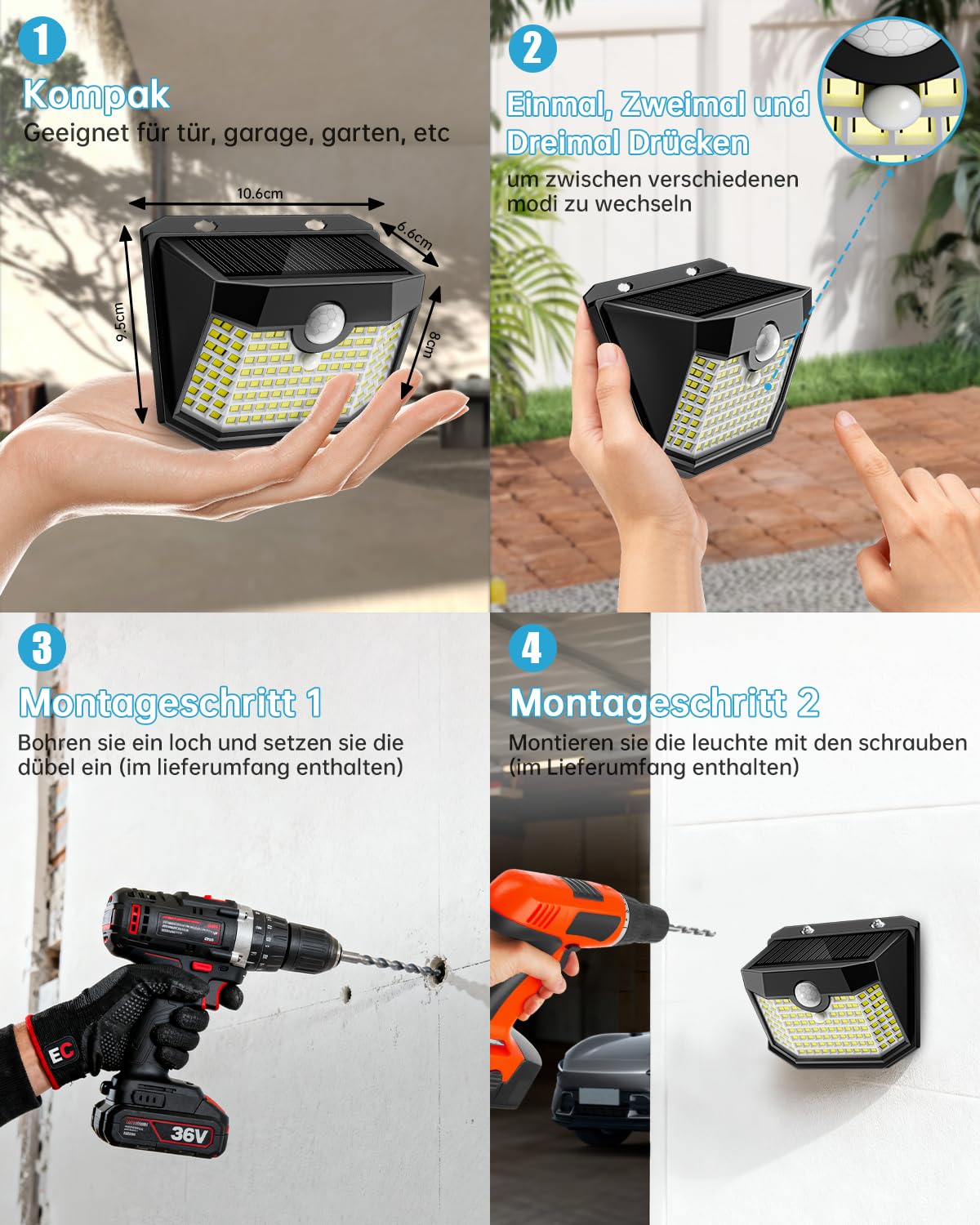 Aootek Solarlampen für Außen mit Bewegungsmelder, 9er Set, Garten, 120 LED | Sehr Breiter Ausleuchtungswinkel, IP65 Wasserdicht, Solar Wandleuchte, Gartenbeleuchtung, Schwarzer Rahmen, Kaltweiß