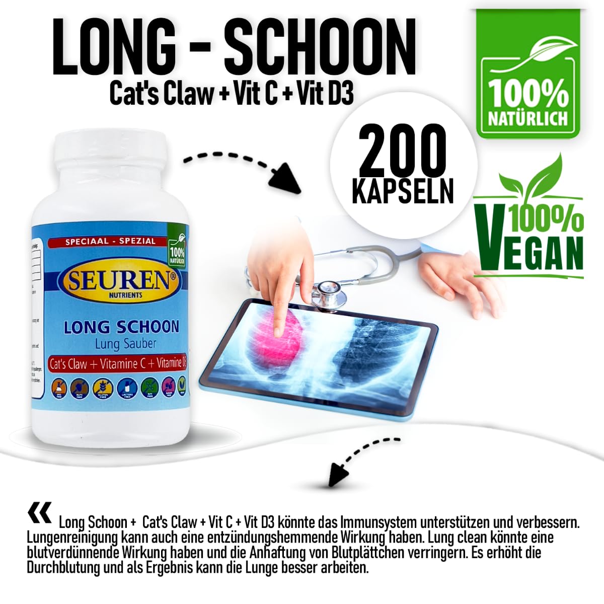 Nutrientes Seuren | Pulmón limpio Uña de gato + Vitamina C + Vitamina D3 | 200 cápsulas Para el sistema inmune.