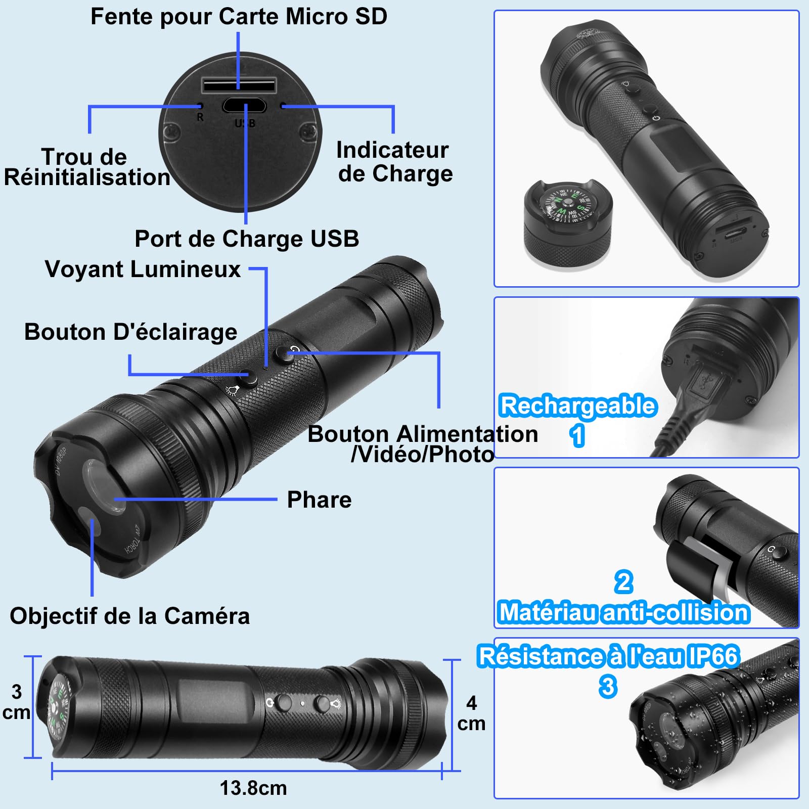 Camera Sport 1080P 120° avec Lampe, 2600mAh 11h Autonomie