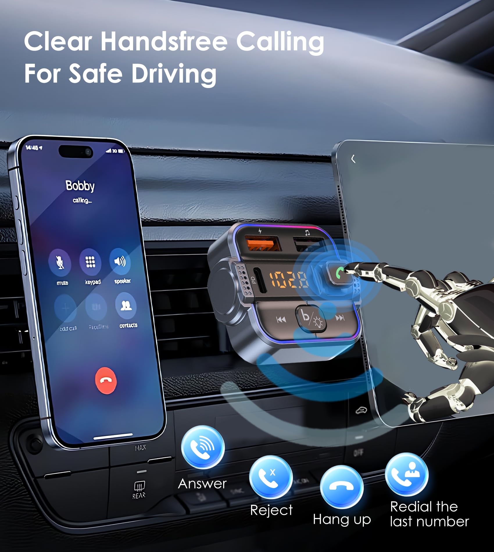 Tsnam Transmisor FM Bluetooth 5.3 para coche, receptor de radio inalámbrico con manos libres y micrófono dual, cargador rápido PD de 30 W y QC3.0