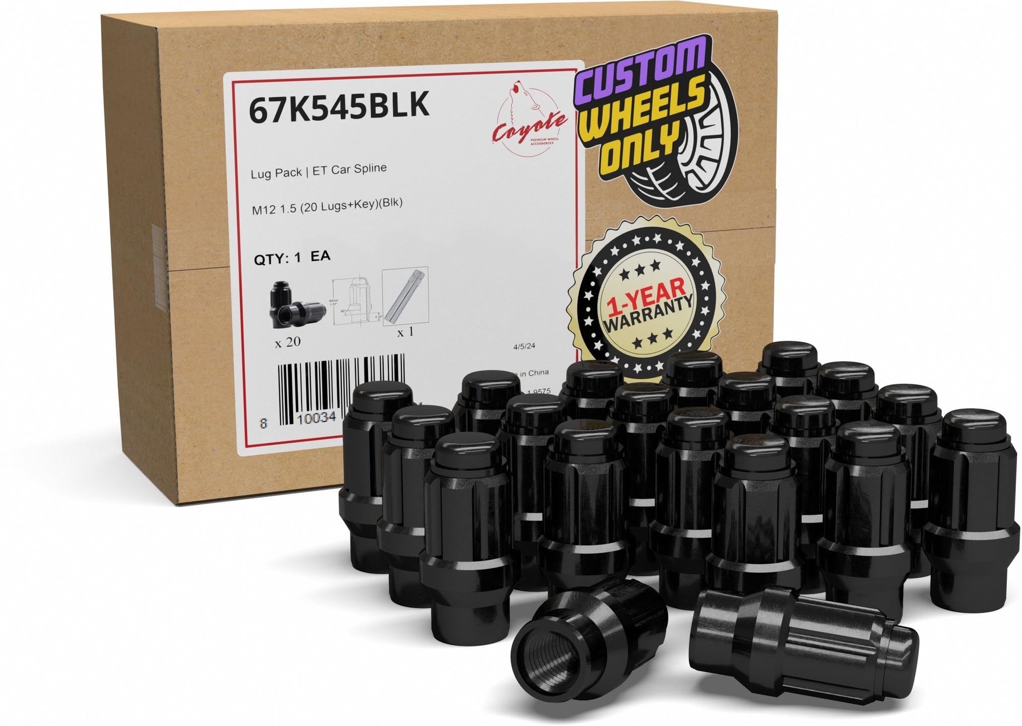 Wheel Accessories Parts Set of 20 Black Closed End Small Diameter ET - Extended Thread M12x1.5 Spline Lug Nuts with 1 Socket Key