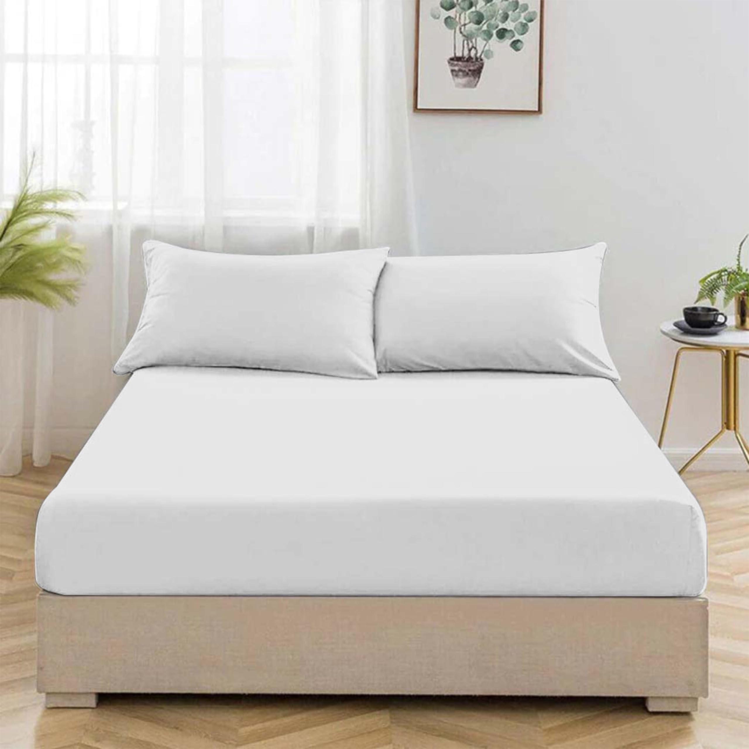Egypto Bedding White Egypto Percale King Size Fitted Sheet - 40-Cm Extra Deep Fitted Sheet With All-Around Elastic - Breathable, Wrinkle Resistant, Anti-Allergy Bed Sheet (King Bed Fitted Sheets, )