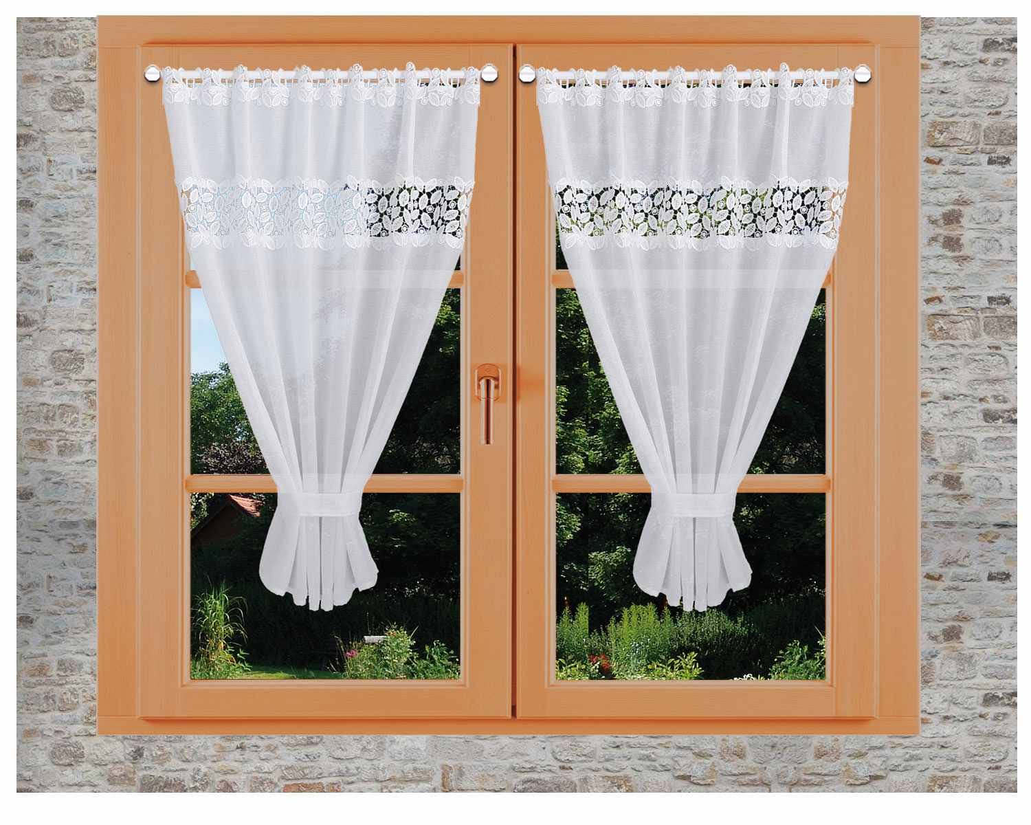 Scheibenhänger Carmelita Vogtländische Spitze mit Raffhalter | modern geraffter Sockelstore weiß Blätterdesign | Flächengardine handgefertigt | Kurzgardine Sockelstore Höhe x Breite 120 x 90 cm