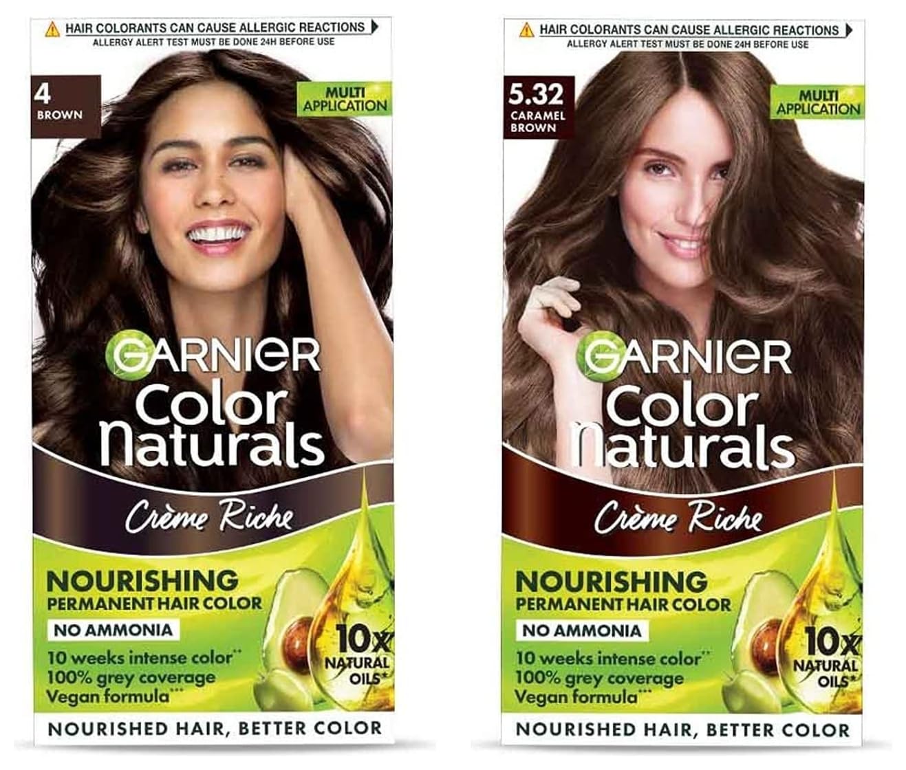 Garnier Color Naturals Crème Hair Color, Shade 5.32 Caramel Brown, 70ml + 60g and Color Naturals Crème Hair Color, Shade 4 Brown, 70ml + 60g